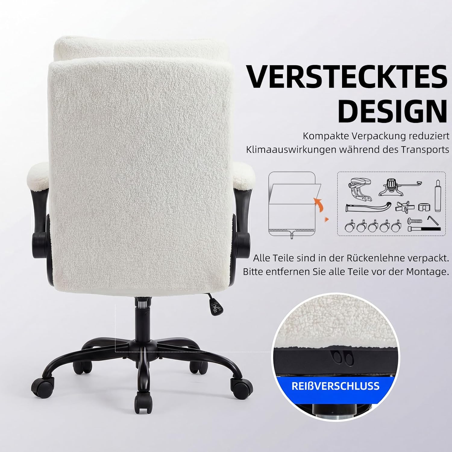 Ergonomischer Bürostuhl (Testsieger), Schreibtischstuhl, Teddystoff & hohe Rückenlehne, höhenverstellbar & Wippfunktion, Chefsessel, 150 kg, Drehstuhl mit Rollen, PC-Stuhl, Beige – Bild 6