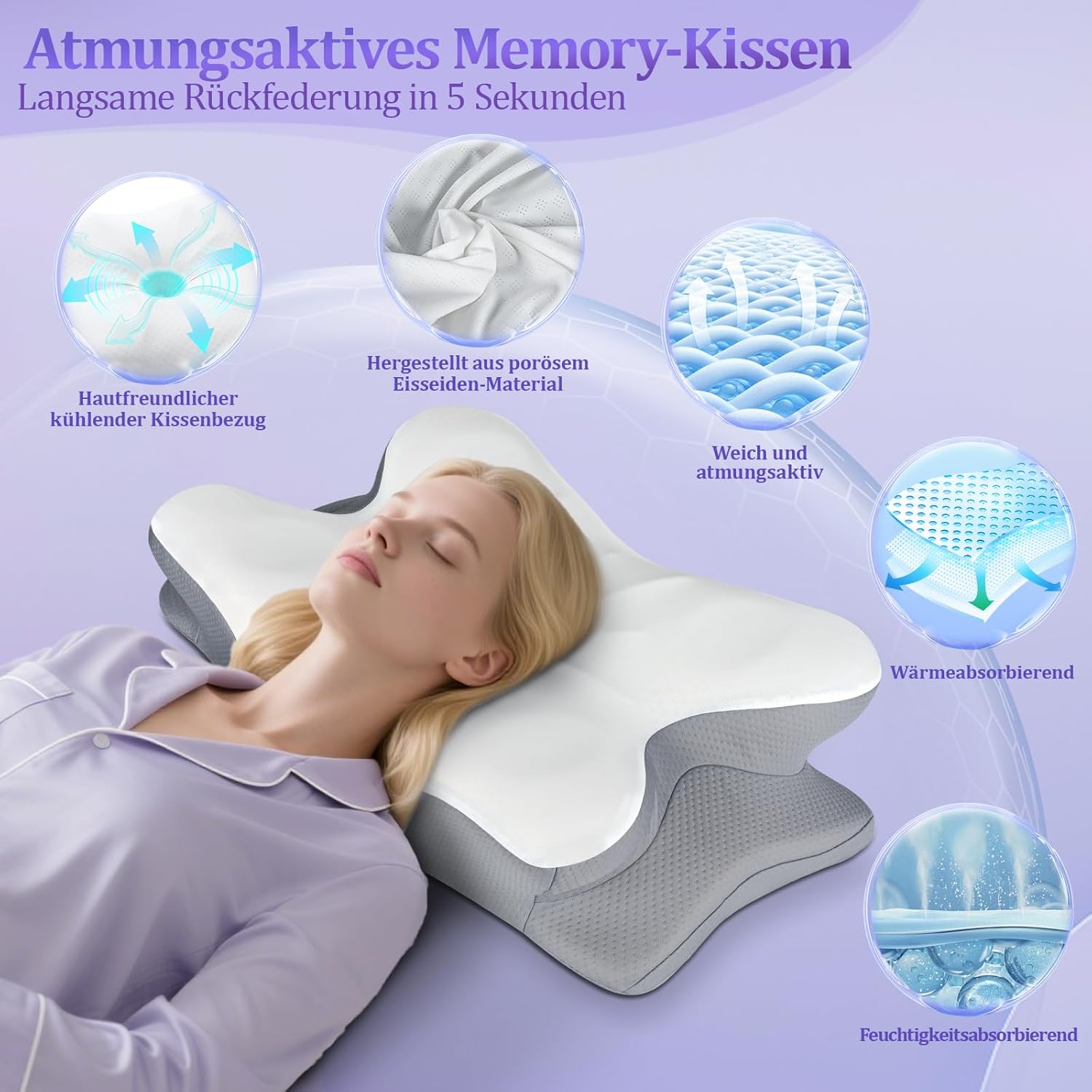 Nackenkissen – Memory-Schaum-Kissen – stabile Nackenstütze, Schlafkissen, Kissen zum Schlafen – ergonomisches Seitenschläferkissen – Nackenstützkissen für Seiten-, Rücken- und Bauchschläfer – Bild 6
