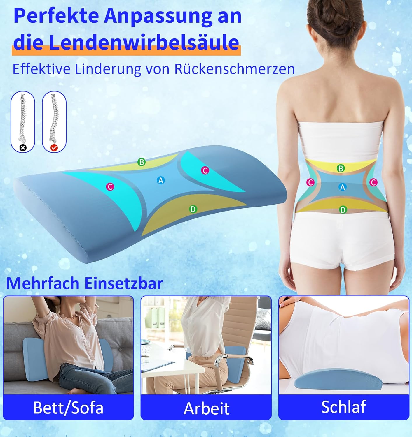 Orthopädisches Lendenkissen, ergonomische Memory-Schaum-Rücken- und Lendenwirbelstütze für Bett und Sofa – Entlastung des unteren Rückens – kühlender, abnehmbarer, waschbarer Bezug, Kissenvorlagen – Bild 4