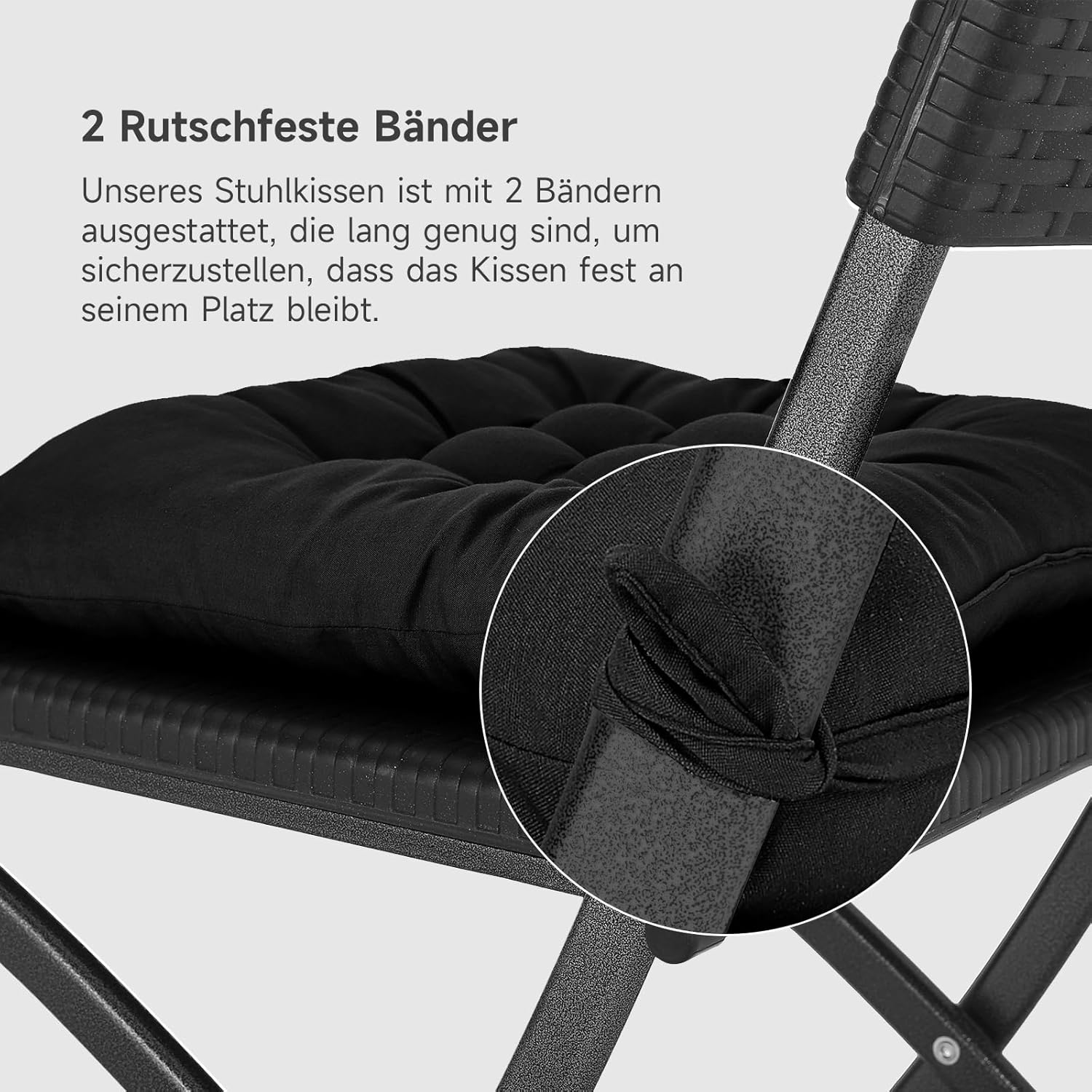 4er-Set Stuhlkissen mit Bändern, bequemes Sitzkissen, 40 x 40 cm, Stuhlkissen für Bürostuhl, Gartenstuhl, Balkonstuhl, Sitzpolsterung drinnen und draußen für Esszimmer, Wohnzimmer, Arbeitszimmer, schwarz – Bild 3