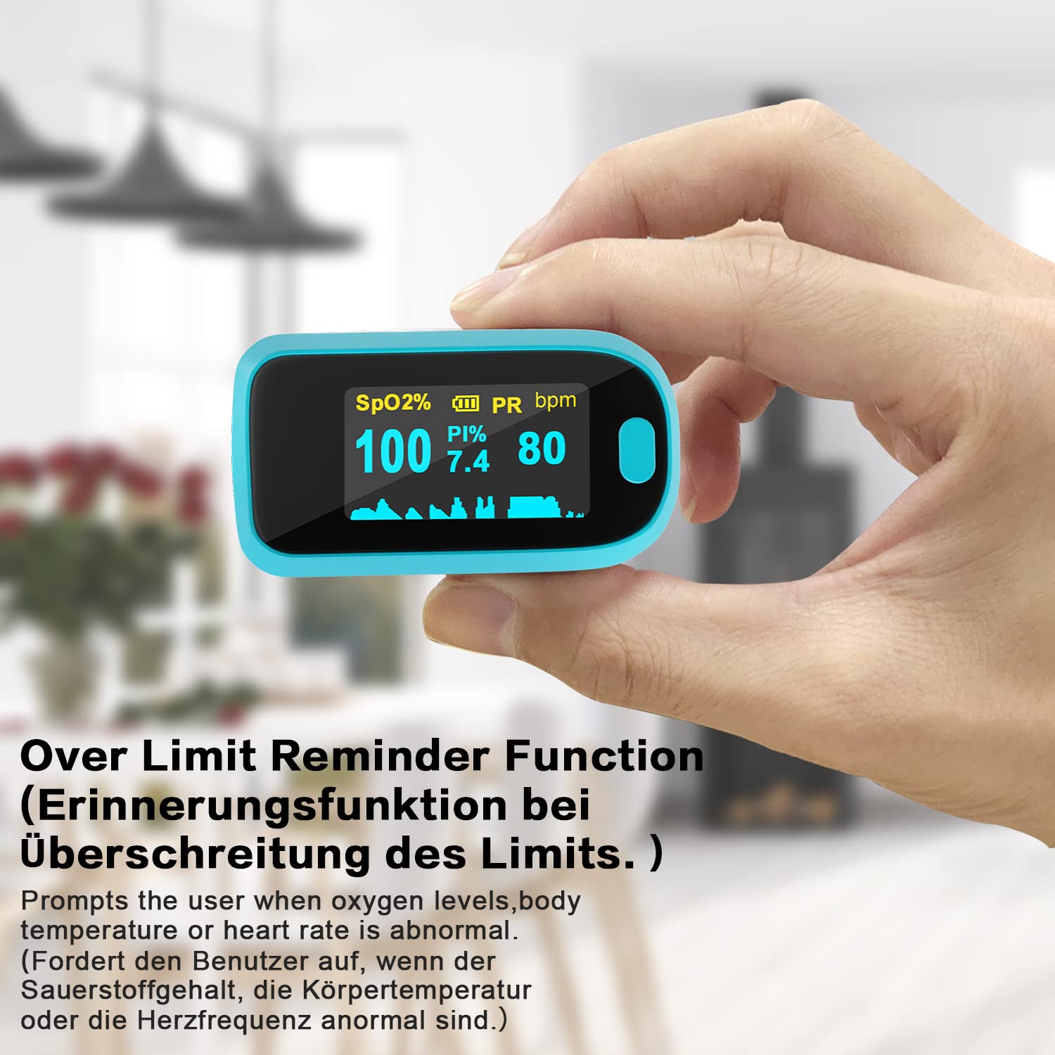 MOMMED Pulsoximeter, Sauerstoffsättigungsmessgerät, Fingerpulsoximeter mit Alarm zur Messung der Sauerstoffsättigung (SpO2), Pulsmesser für Kinder und Erwachsene, OLED-Display, das sich dreht – Bild 5