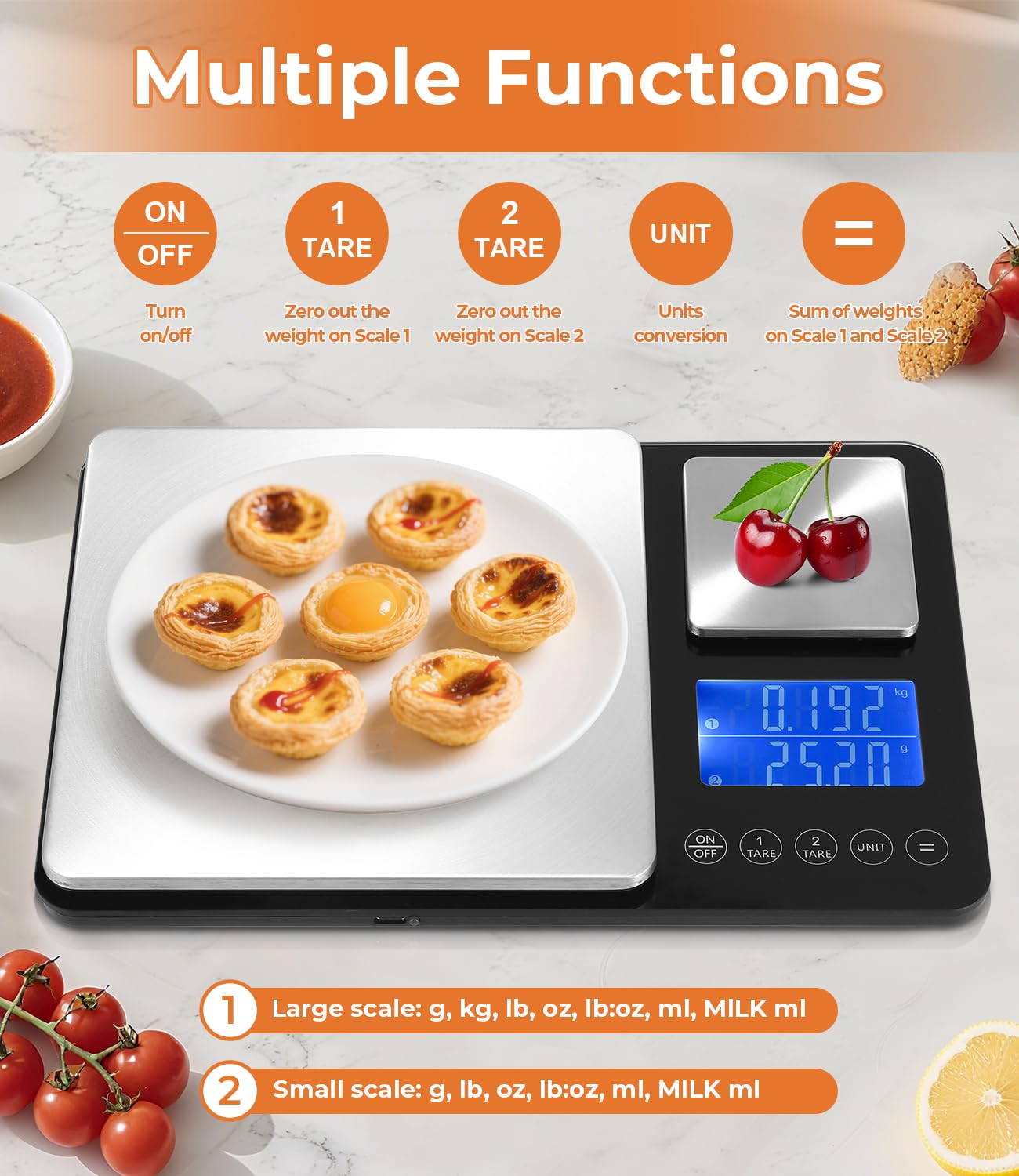 Doppelplattform-Digitalwaage (10 kg/1 g & 500 g/0,01 g), USB-Aufladung und Batteriebetrieb, Edelstahl, Tara-Funktion, LCD-Display, 7 Gewichtseinheiten, ideal zum Backen und Kochen – Bild 3