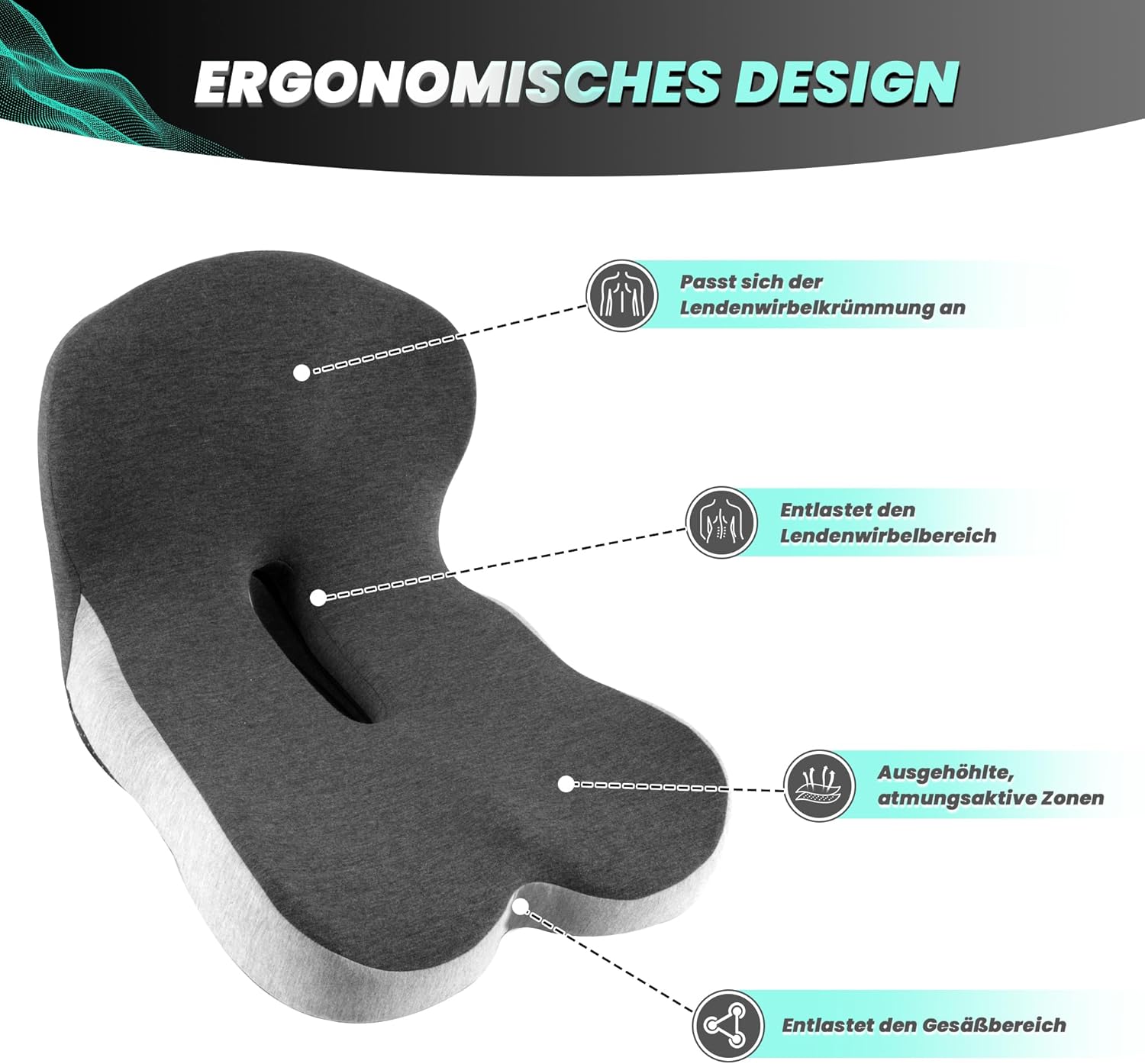 Urban Deco Orthopädisches Sitzkissen mit Rückenlehne, ergonomisches Memory-Schaum-Rückenstützkissen, Stuhlkissen für Bürostuhl, Autositz, Rollstuhl, Büro, Auto, Schwarz & Grau, 1 Stück – Bild 3