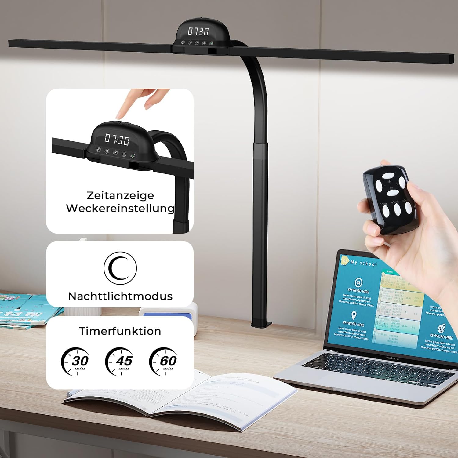 Schreibtischlampe LED Tischlampe Klemmbar 90cm CRI≥95 3100K-7600K Dimmbar Tageslichtlampe Doppelkopf Schreibtischlampe Schwanenhals Schreibtisch Leselampe Monitorlampe Fernbedienung für Home Office – Bild 6