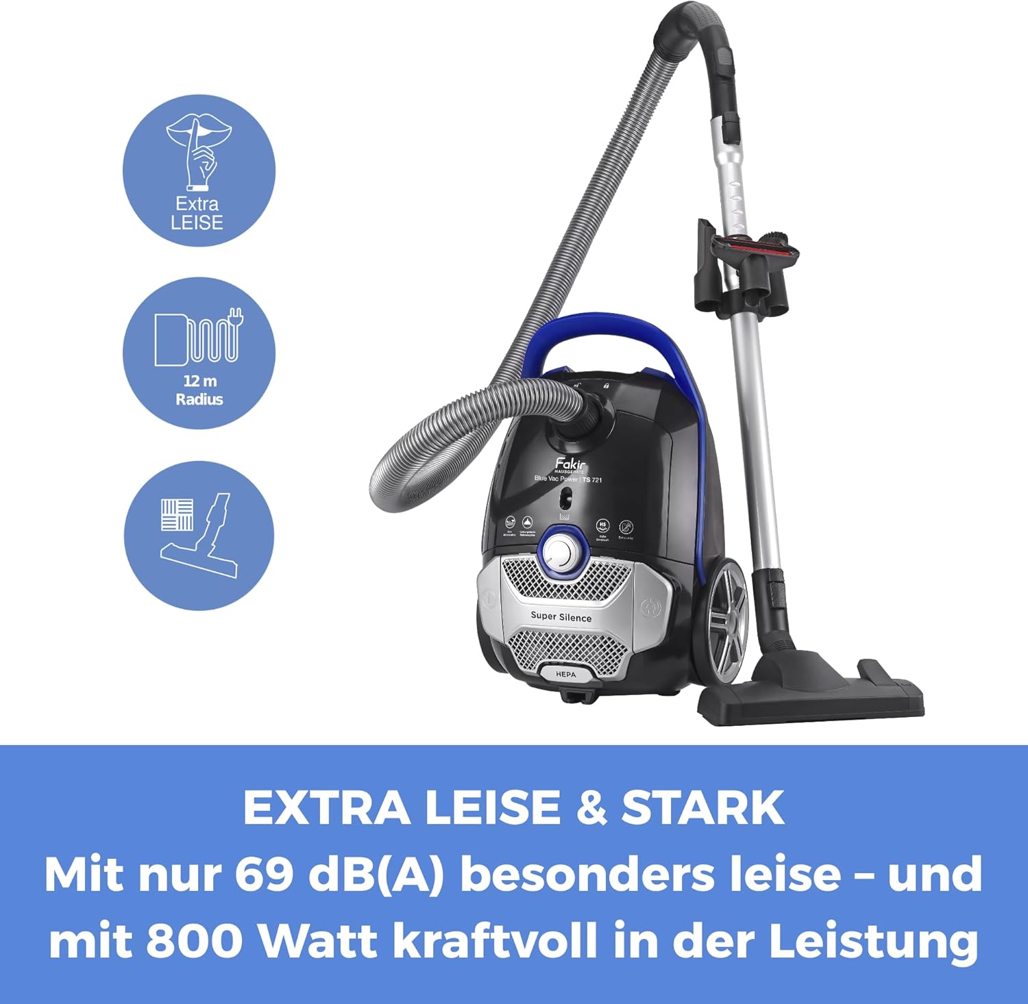 Fakir Blue Vac Power TS 721 Staubsauger mit Beutel 800 W, Bodenstaubsauger mit Kabel, HEPA H14 Filter, sehr leiser Hochleistungsmotor 69 dB(A), großer 3 L Staubbeutel & 12 m Aktionsradius, Schwarz/Blau – Bild 4