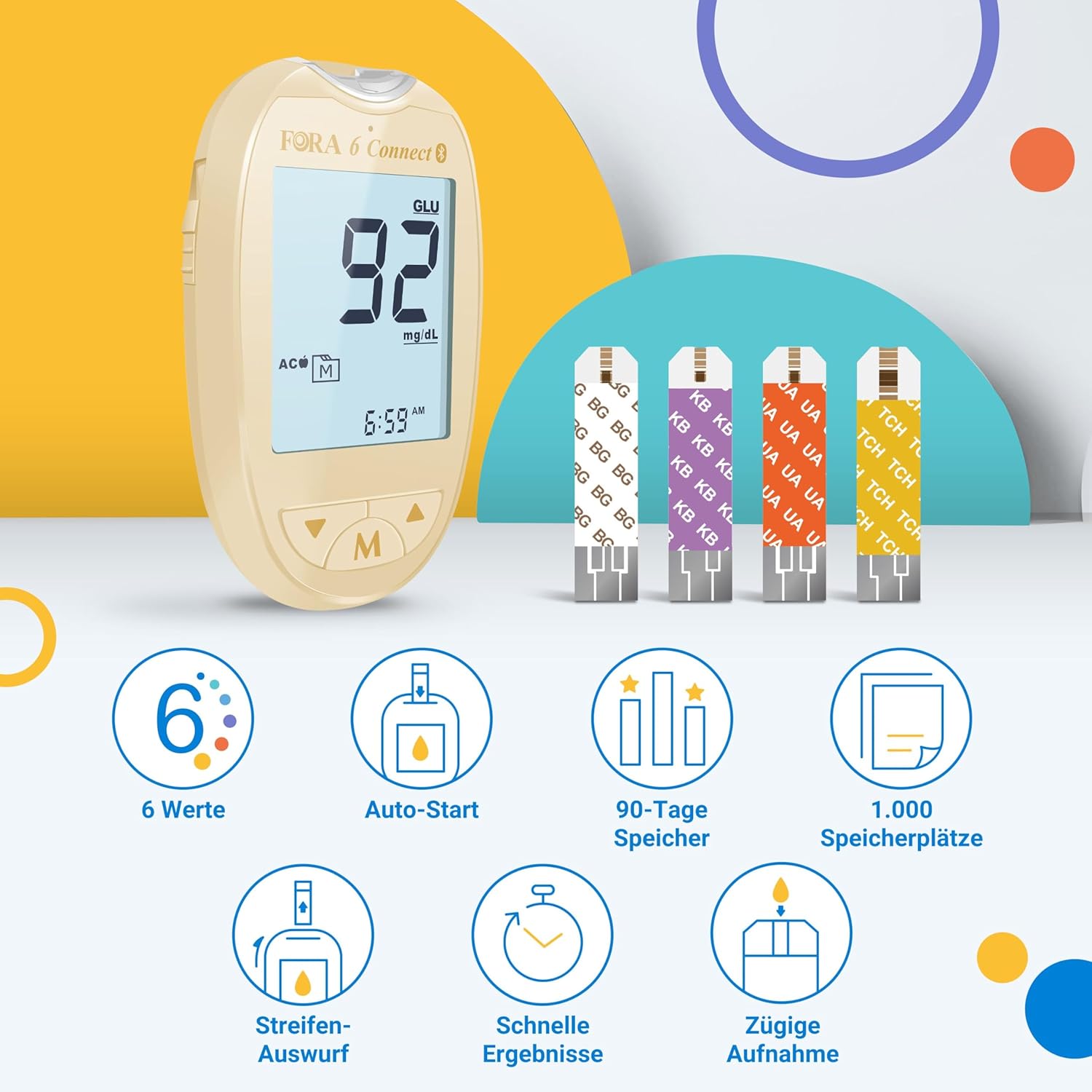 FORA 6 Connect | 4-in-1-Blutzucker-, Keton-, Cholesterin- und Harnsäuremessgerät | Für den Heimgebrauch | Bluetooth & App | Inklusive Teststreifen und Zubehör, Gelb – Bild 7