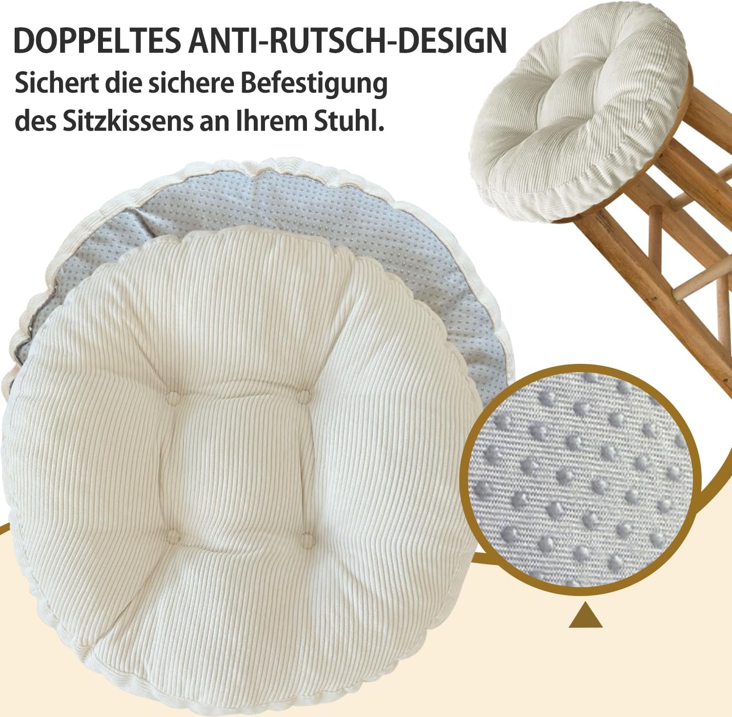 Rundes Sitzkissen, 30 x 30 cm, rutschfest, waschbar, Sitzkissen, bequemes Stuhlkissen, 6 cm dick, waschbares Stuhlkissen aus Cordstoff, für Innen, Küche, Garten, Holzstühle – Bild 4