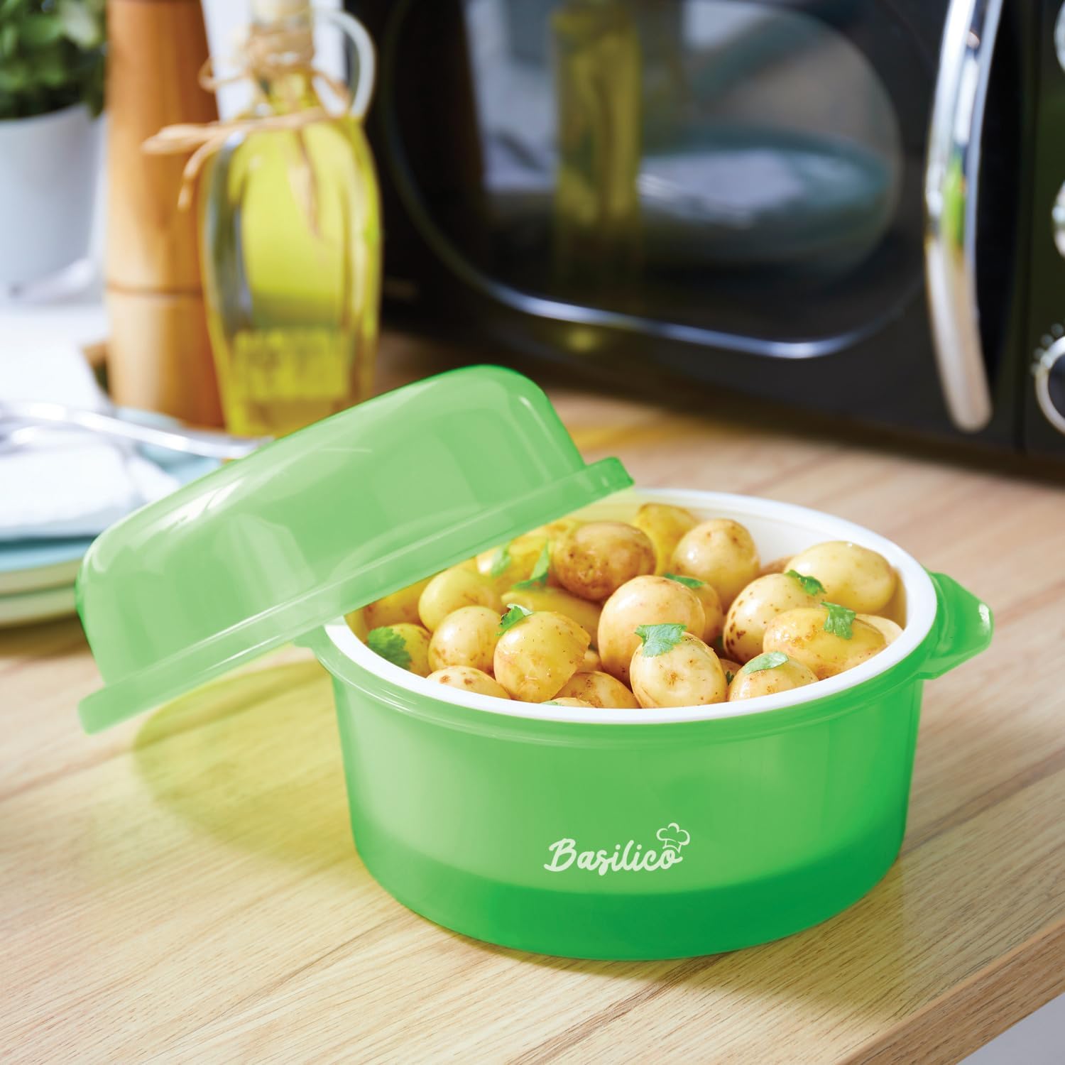 Basilico Mikrowellen-Kartoffelkocher, Dampfgarer für Kartoffeln und anderes Gemüse, energiesparende und schnelle Zubereitung, spülmaschinenfest, Durchmesser 23 cm – Bild 4