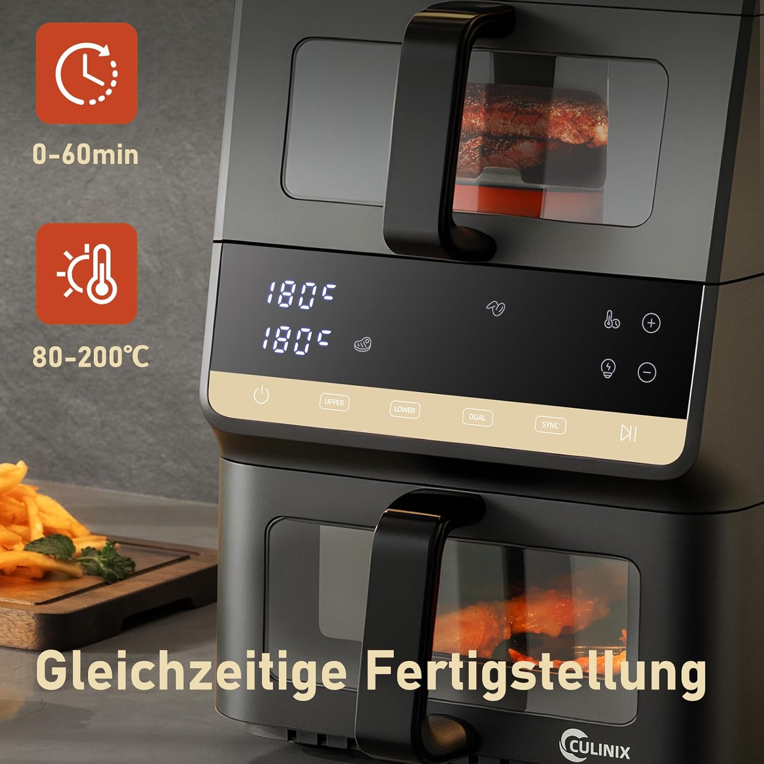 Heißluftfritteuse 2 Kammern, Airfryer 10L mit Sichtfenster & Innenbeleuchtung, Heißluftfritteuse Vertikale Doppelkammer für platzsparendes Familienkochen, SYNC-Funktion, 80-200°C, 3,5L+6,5L 10-in-1 – Bild 7