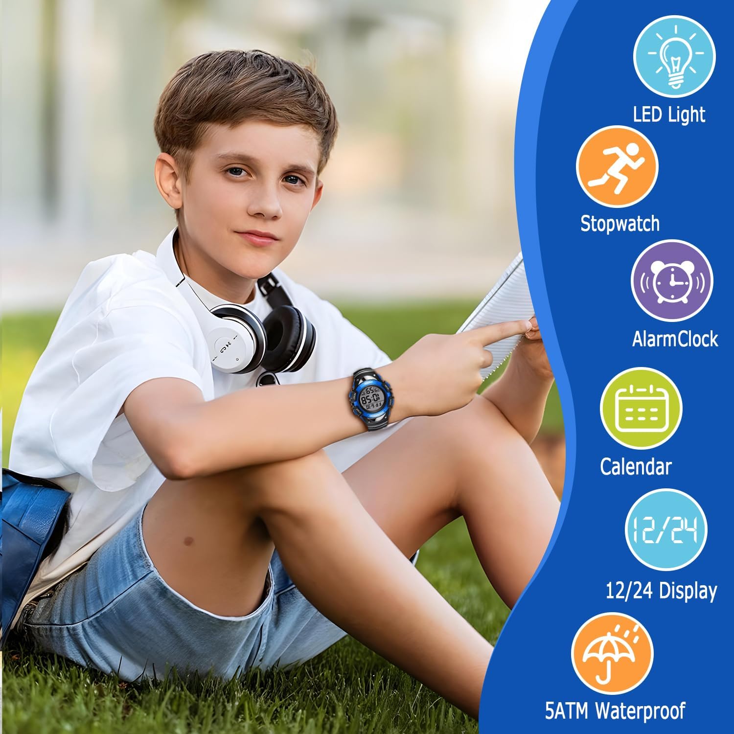 caprock Kinderuhr Jungen Mädchen, Kinderuhr mit Alarm/Timer/Zeitanzeige/Datumsanzeige/5 ATM wasserdicht, Digitaluhr, Kinder Outdooruhr für Kinder 3-12 Jahre – Bild 3