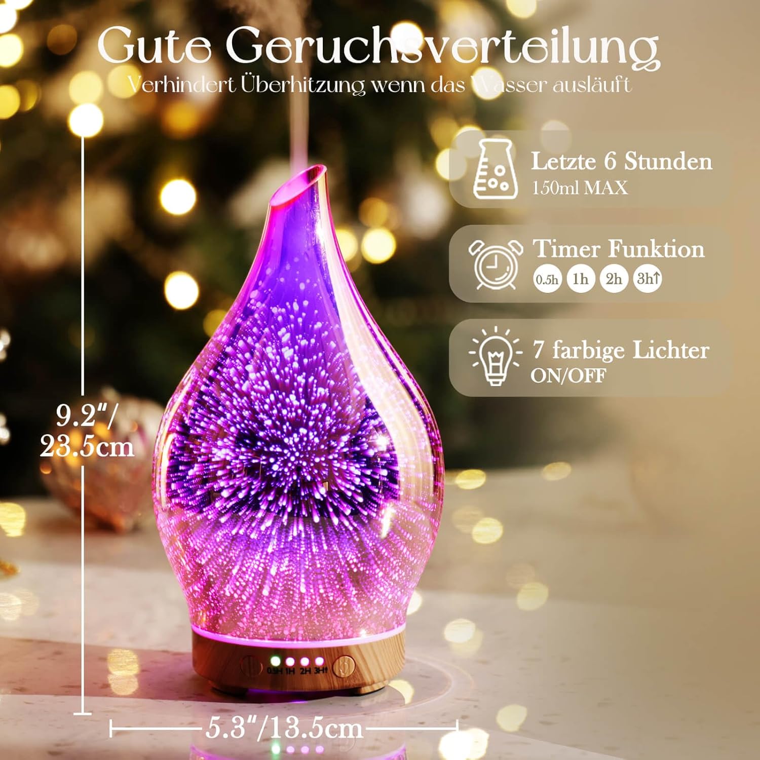 Porseme Aroma-Diffusor 150 ml, mundgeblasener 3D-Glas-Luftbefeuchter, Ultraschall-Aromatherapie-Öl-Diffusor mit 7 farbigen LED-Lichtern, Diffusor für ätherische Öle mit Timer, BPA-frei für Zuhause (Roségold) – Bild 2