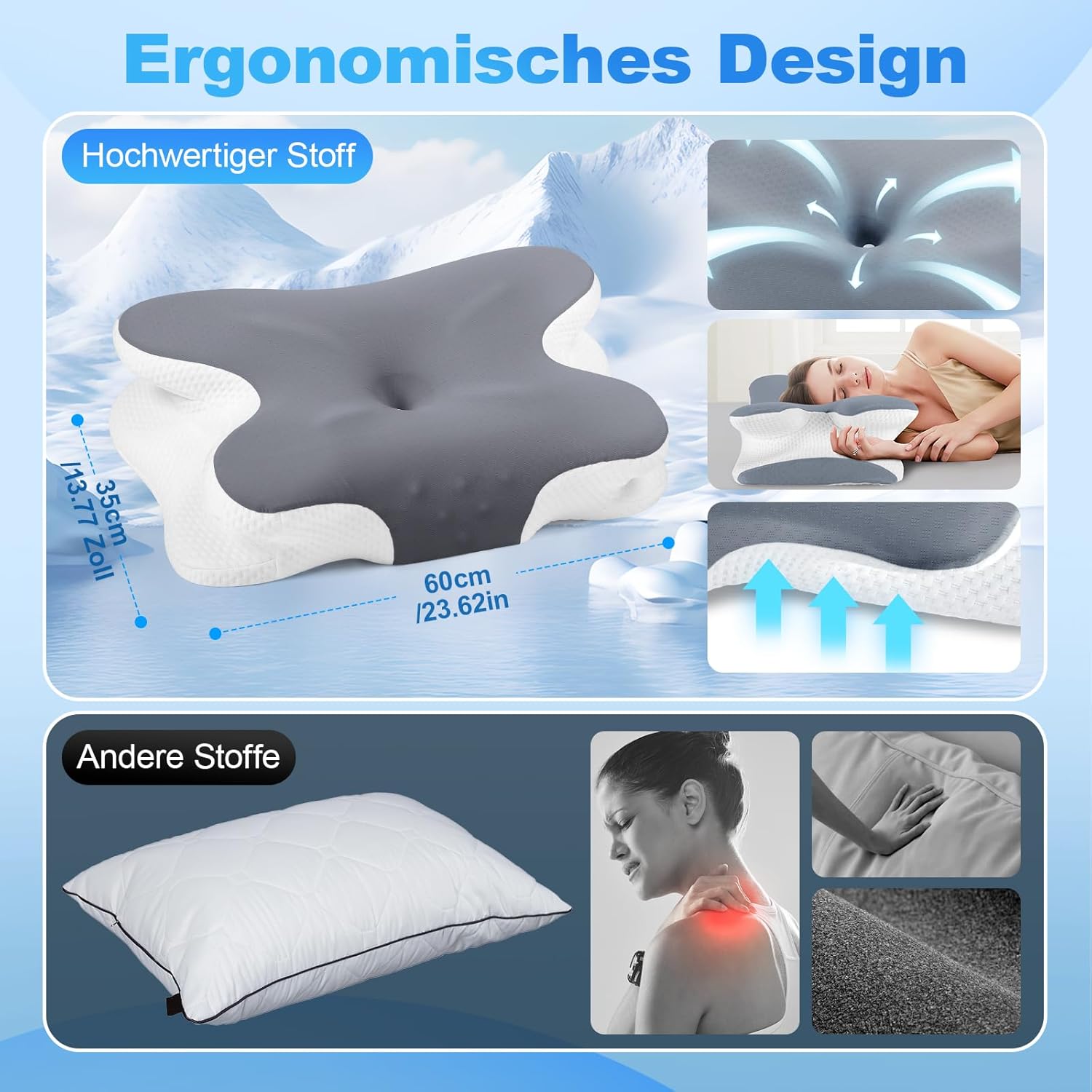 Nackenkissen – Orthopädisches Memory-Schaum-Kissen – ergonomisches Kissen gegen Nackenschmerzen für Seitenschläfer, Rückenschläfer und Bauchschläfer mit Bezug aus Eisseide (dunkelgrau) – Bild 5