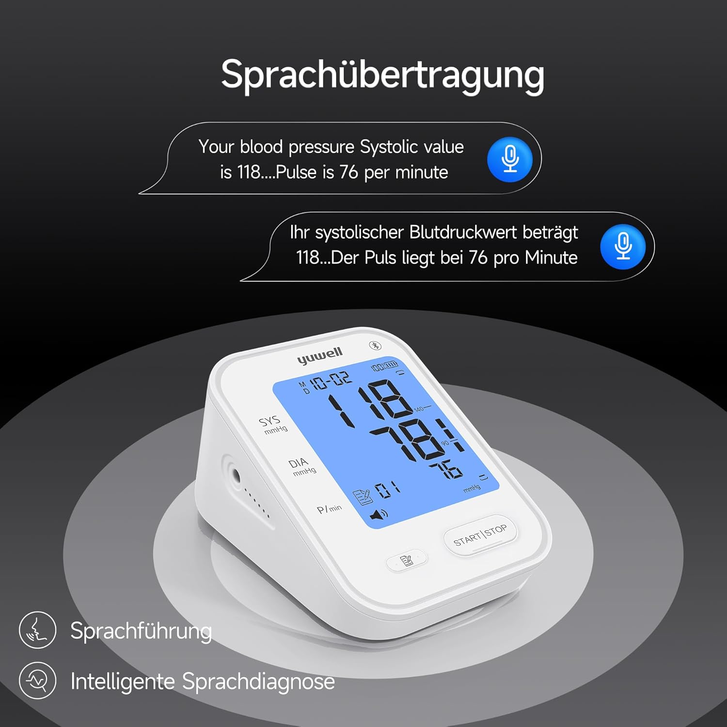yuwell Intelligentes Oberarm-Blutdruckmessgerät mit Bluetooth, Manschette für 22-45 cm, Sprachübertragung, hintergrundbeleuchtetes Display, wiederaufladbarer Akku, App für iOS & Android (YE650AR) – Bild 4