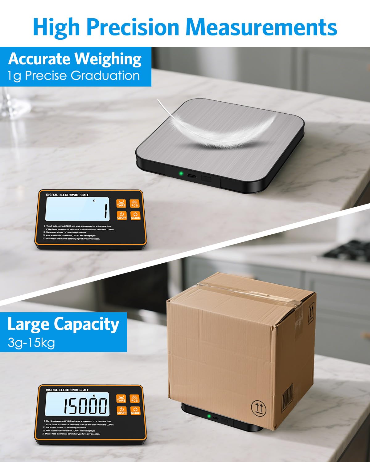 Brifit Digitale Küchenwaage 15 kg/1 g mit abnehmbarem Display – wiederaufladbare Küchenwaage mit USB-C, Edelstahloberfläche, Grammwaage für Lebensmittel, Backen, Kochen, Brief, Präzisionswaage Küche – Bild 4