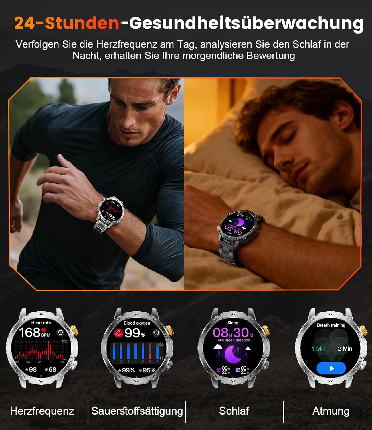 1000 mAh Militäruhr für Herren, 1,7-Zoll-Smartwatch für Herren mit über 110 Sportmodi, IP68-Display, Apple Bluetooth, 24-Stunden-Herzfrequenz, Android iOS-Gerät, 3 Armbänder, 2 Ladegeräte, EF24-D – Bild 6