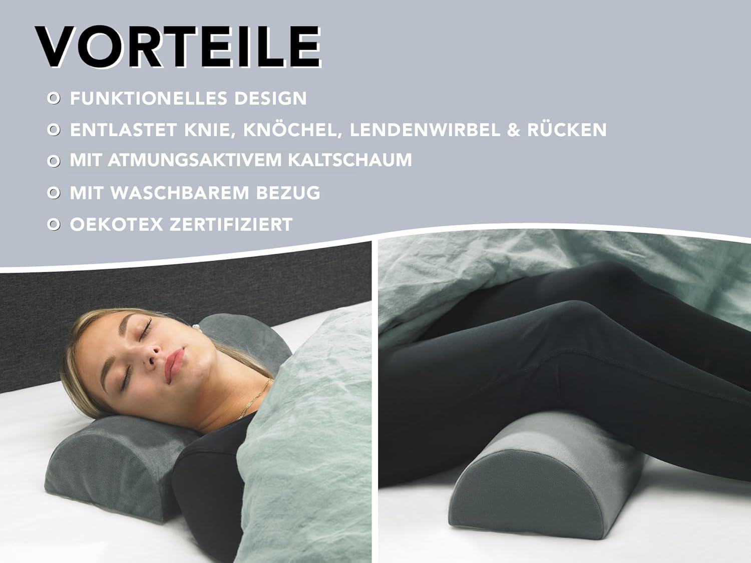 XDREAM Bequemes Kniekissen für Seitenschläfer, orthopädisches Beinkissen aus Komfortschaum zur Entlastung von Knie und Rücken, halbe Nackenrolle, Nackenrolle, Lendenkissen, waschbarer Bezug – Bild 2