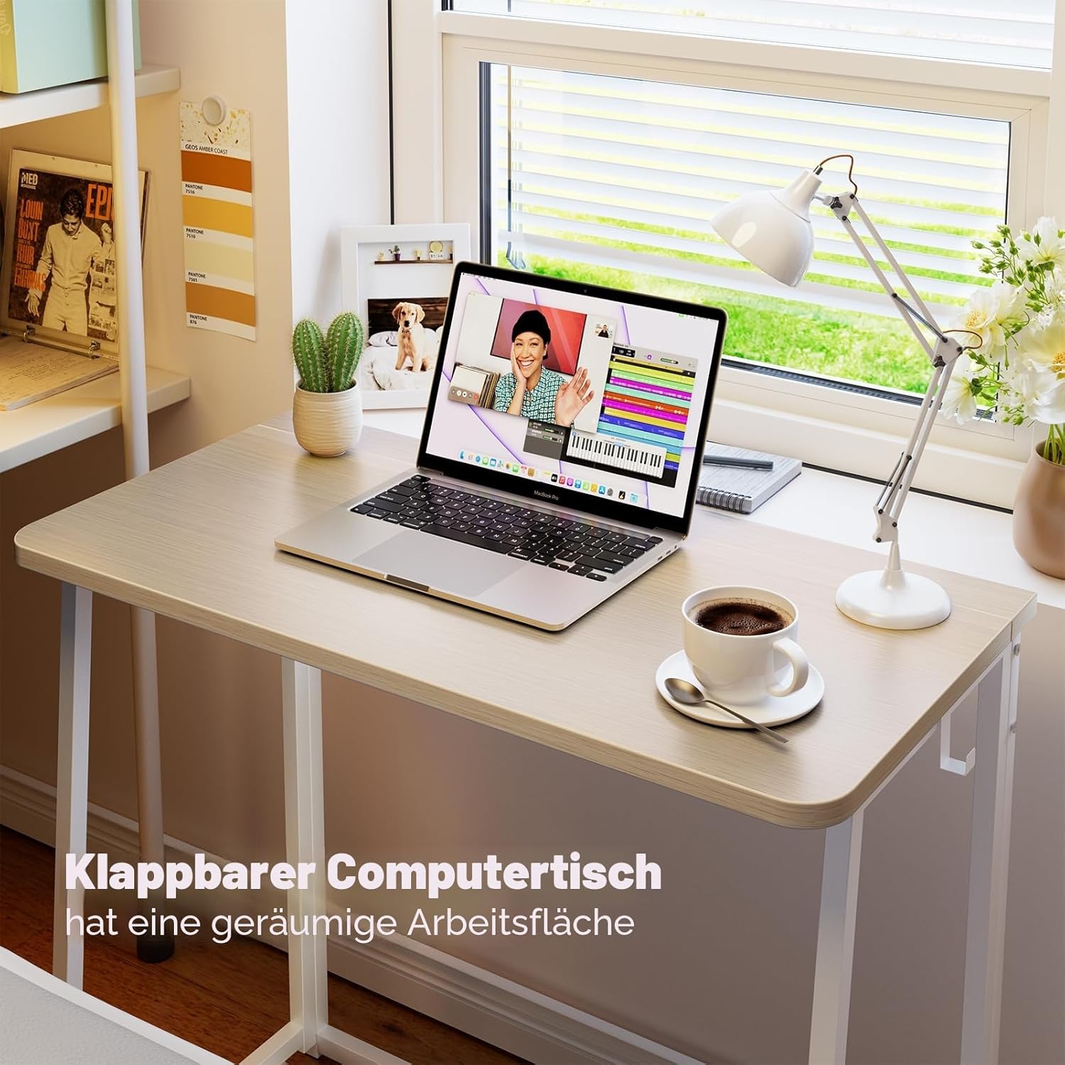 WOHOMO Kleiner Klappschreibtisch, 80 cm, Klappschreibtisch, kleiner Klapptisch, kleiner Computertisch für kleine Räume, Home-Office-Schreibtisch, schmal, Beige – Bild 3