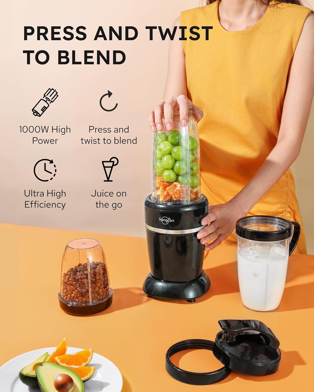 Sangcon 1000w Smoothie Blender (22000 U/Min) Mit 3 Bechern+2 Ausgussdeckeln+1 Aufbewahrungsdeckel+1 To-Go-Deckel,Tragbarer Mixer für Shakes und Smoothies,Persönlicher Smoothie Maker,Elektrischer Mixer – Bild 2