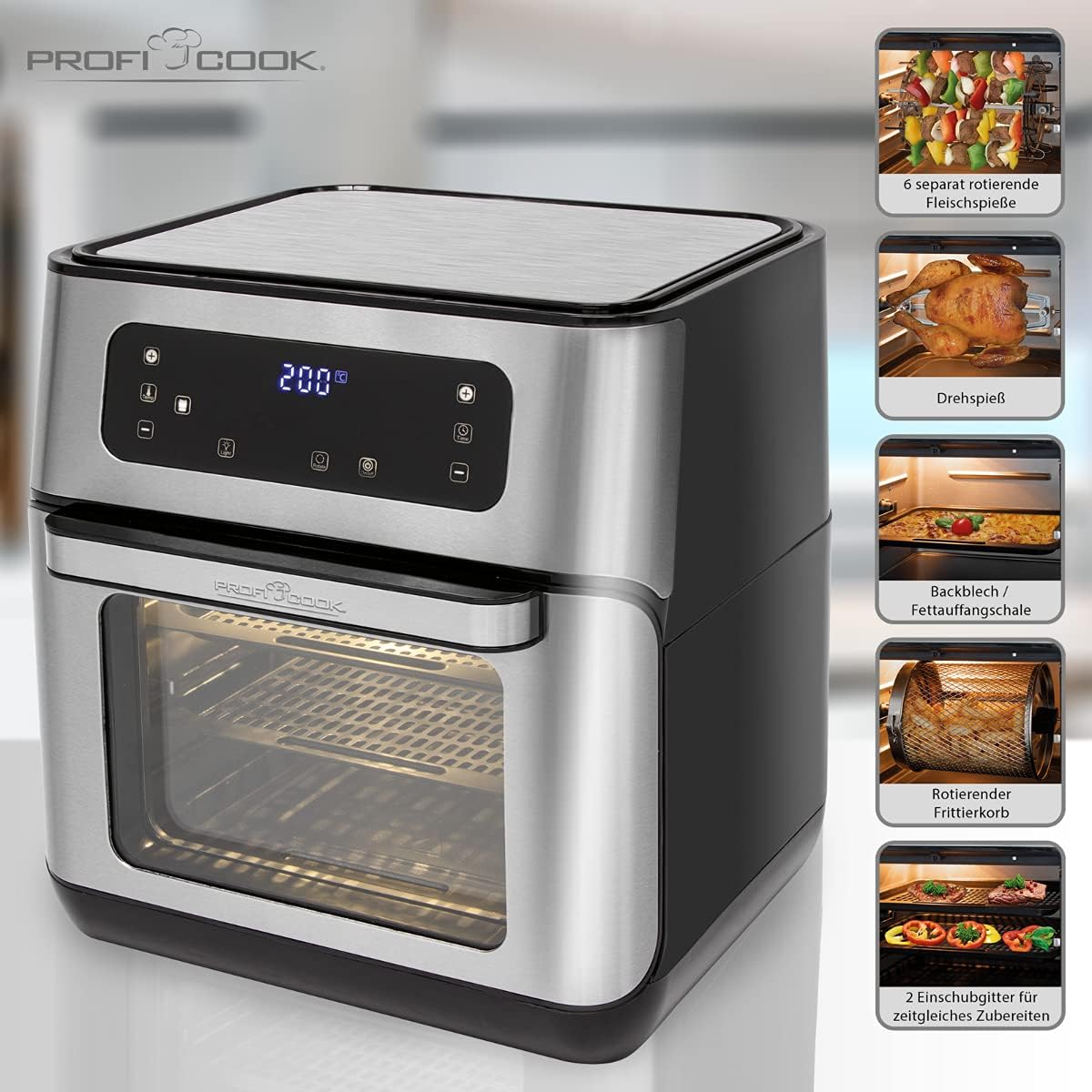 ProfiCook Heißluftfritteuse, 9 Automatikprogramme, XXL, 1500 Watt, 200 °C, 11 Liter Fassungsvermögen, 4 Einschubhöhen, Edelstahl, LED-Anzeige, optimale Backergebnisse, viel Zubehör, PC-FR 1200 – Bild 7