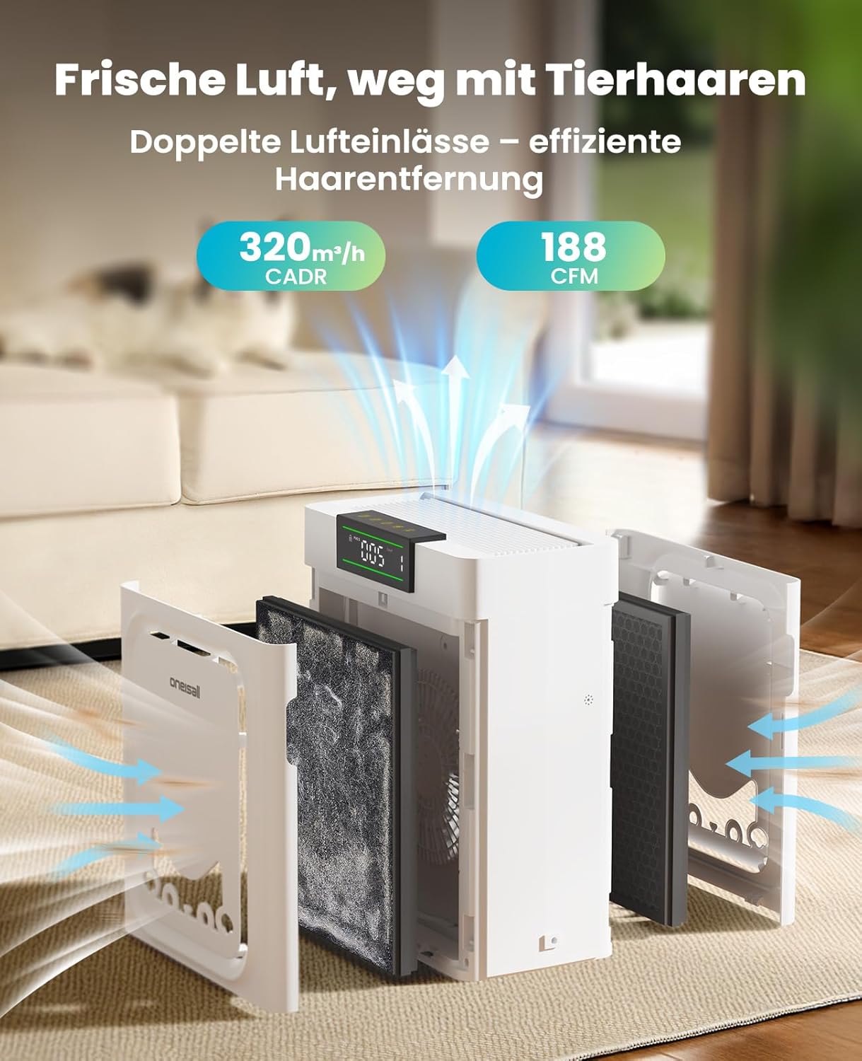 oneisall Luftreiniger mit waschbarem HEPA-Filter, CADR 320 m³/h, 204 m², 20 dB, leiser Luftreiniger für Allergiker, gegen 99,97 % Haustiere, Tierhaare, Hautschuppen, Pollen, PM2,5, Staub, Schimmel, Gerüche – Bild 2