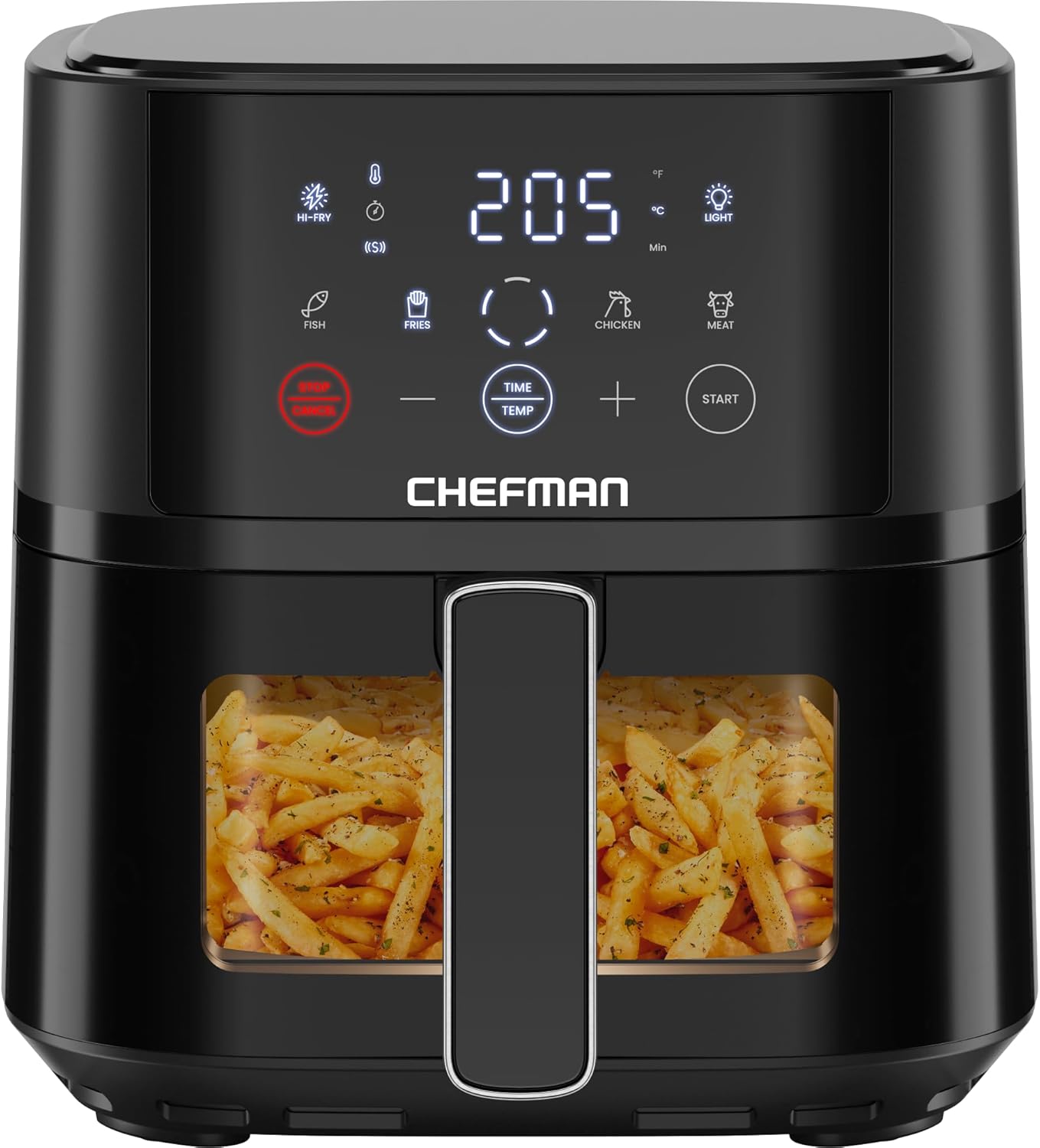 Chefman Heißluftfritteuse – 3,75 l kompakte Heißluftfritteuse für schnelle Mahlzeiten, mit Hi-Fry-Technologie, Sichtfenster, Touch-Bedienung, antihaftbeschichtet und spülmaschinenfest – Schwarz