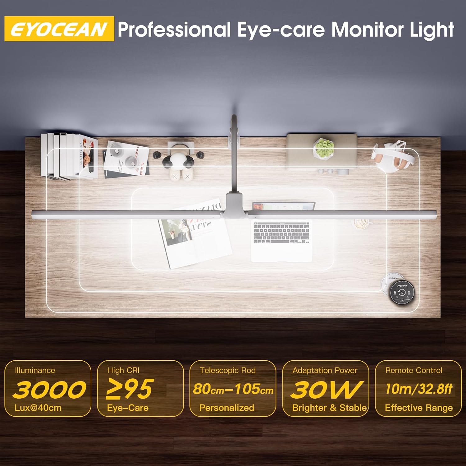 EYOCEAN Schreibtischlampe, Doppelkopf-Schreibtischlampe, Teleskopstange mit verstellbarer Höhe, 30 W 120 cm Tageslichtlampe Schreibtisch mit Fernbedienung, dimmbare Monitorlampe, Bürotischlampe – Bild 9