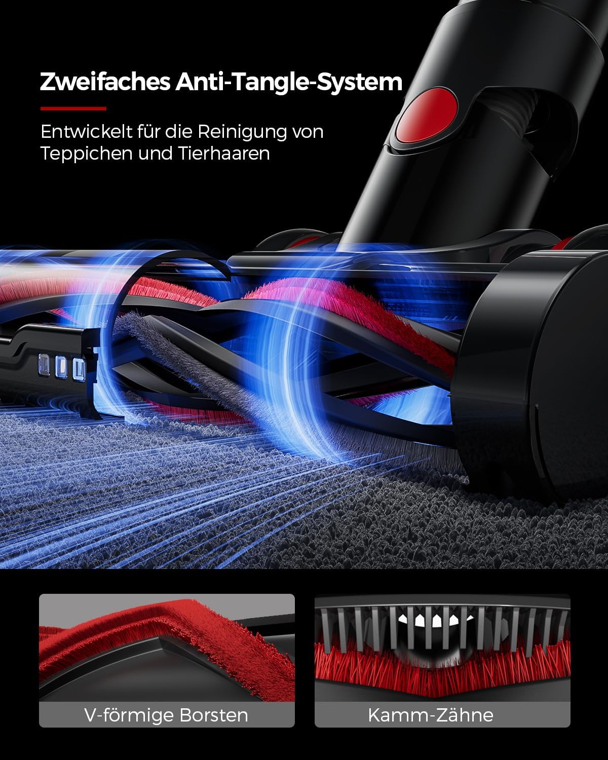 VACTechPro 55KPa/600W Akku Staubsauger Kabellos, 70Min Laufzeit, Akkustaubsauger mit 1,6-Liter-Staubbehälter, 8-Schicht-Filterung, Super Leise, Anti-Tangle Bodenbürste für Hartböden, Violett und Rot – Bild 4