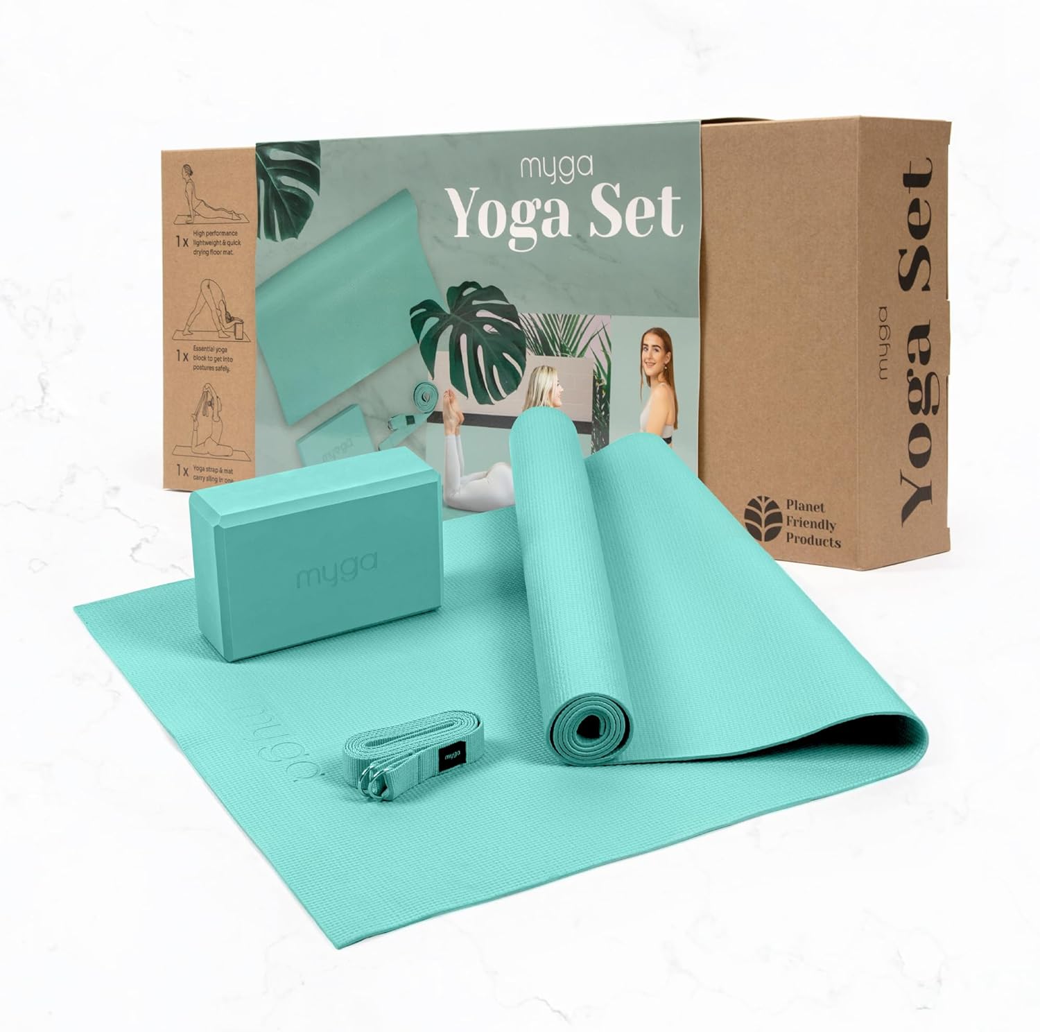 Myga Yoga-Starter-Set – Yogamatte, Yoga-Blockstein und Metall-D-Ring-Yoga-Gurt – Starter-Set für Anfänger, ideal für Pilates, Yoga, Stretching, Gesundheit und Fitness
