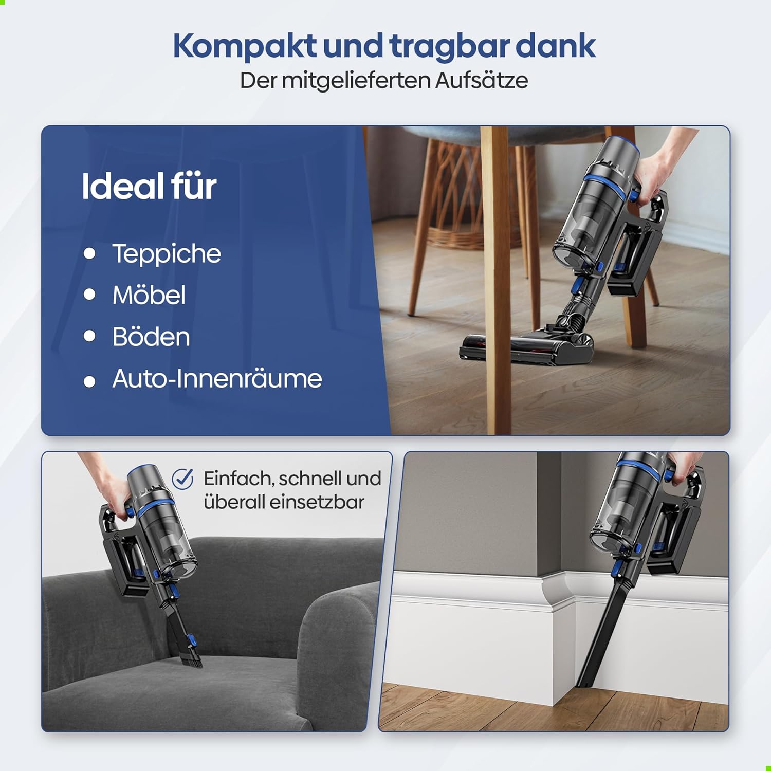 Olvy Akku-Staubsauger mit Wischfunktion, Tierhaare/Teppiche/Hartböden, kabellos 2-in-1, beutellos, 35 KPA Saugleistung, 5 Stufen, LED-Display, leichter Staubsauger mit HEPA-Filter & Zubehör – Bild 3
