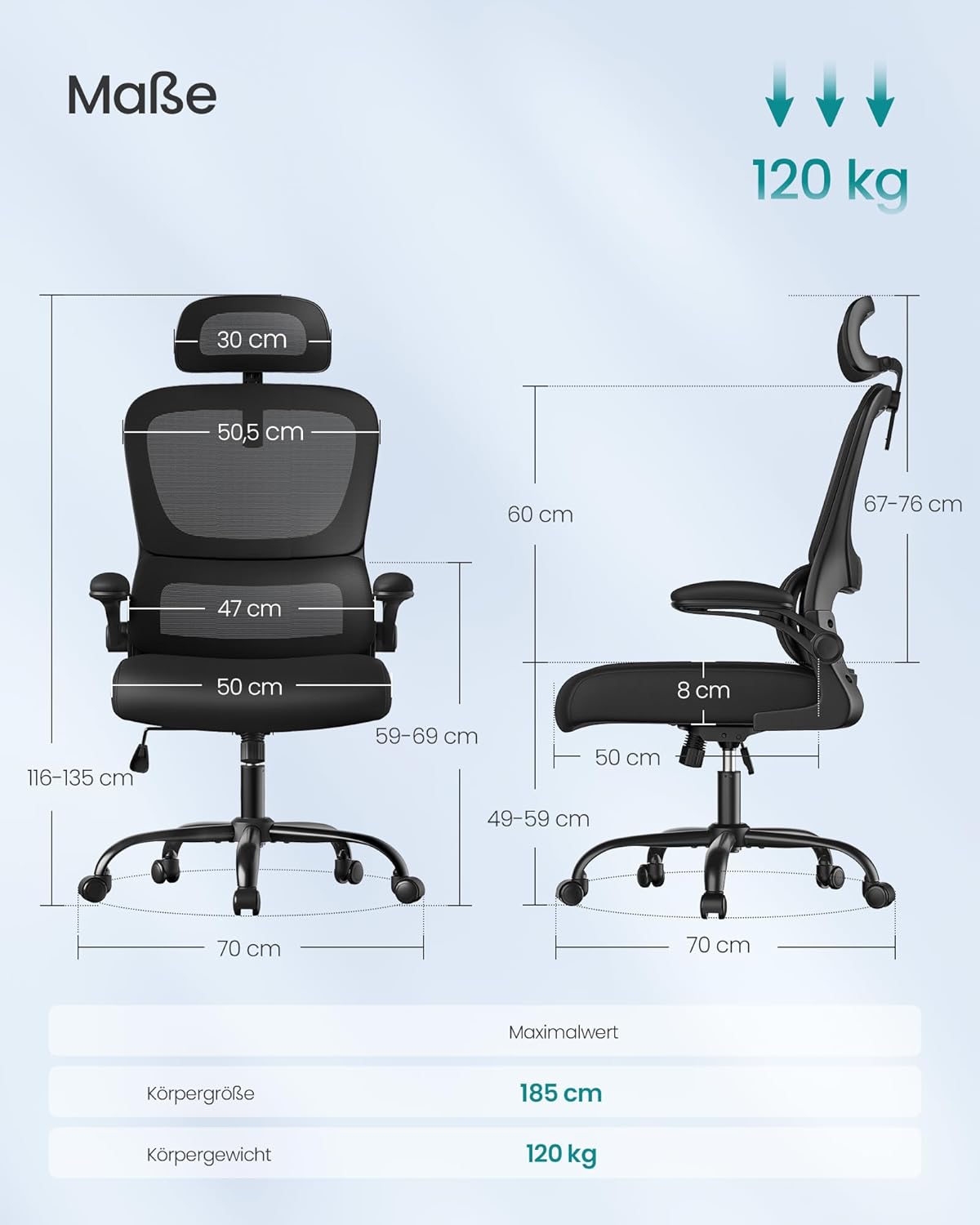 SONGMICS Bürostuhl, Schreibtischstuhl, ergonomischer Netzstuhl, doppellagiges Netzgewebe, atmungsaktiv, adaptive Lordosenstütze, verstellbare Kopfstütze, für das Heimbüro, Tintenschwarz OBN041B01 – Bild 2