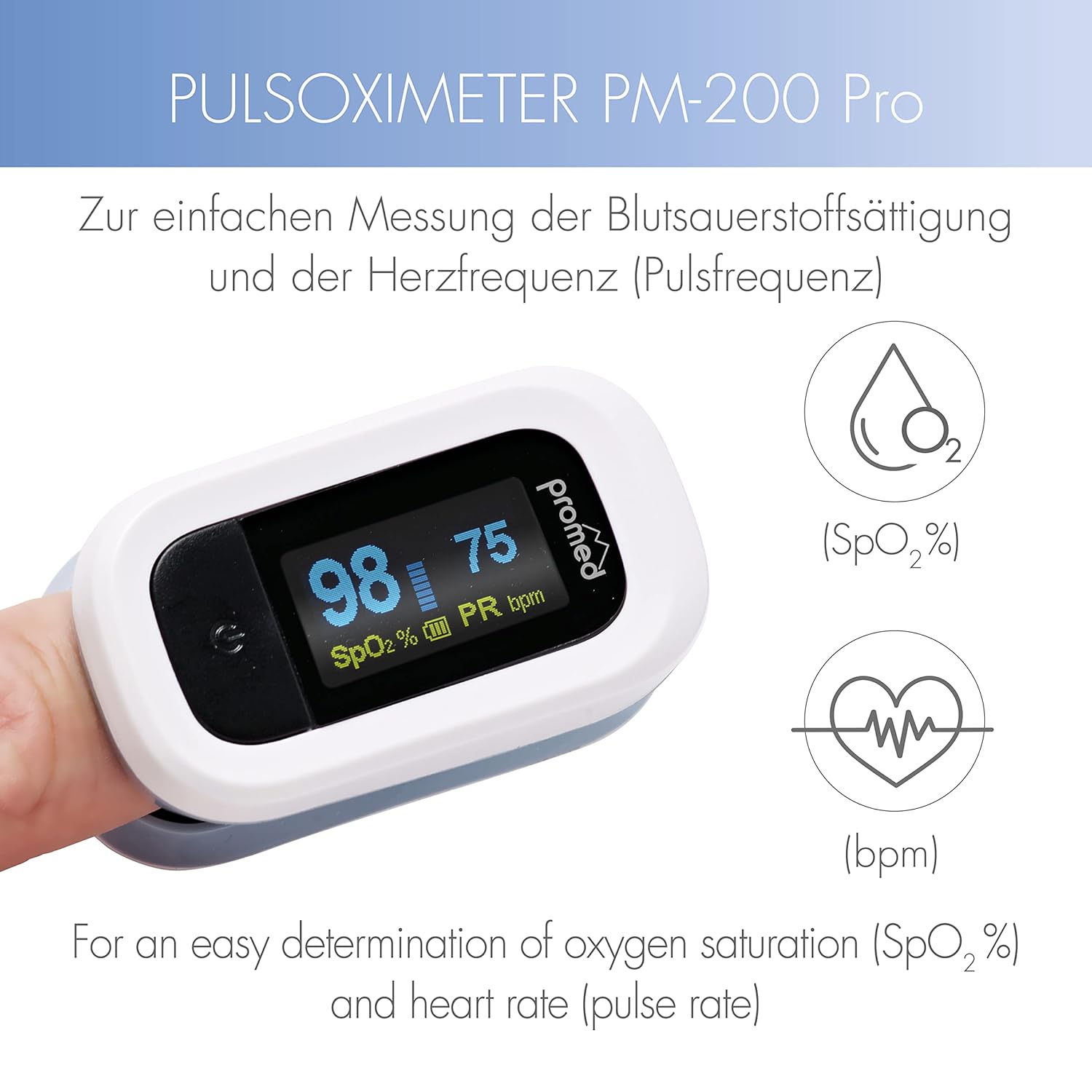 Promed Pulsoximeter PM-200 Pro, einfache Messung der Herzfrequenz & Sauerstoffsättigung im Blut, Fingerpulsoximeter mit OLED-Display und automatischer Abschaltung – Bild 2