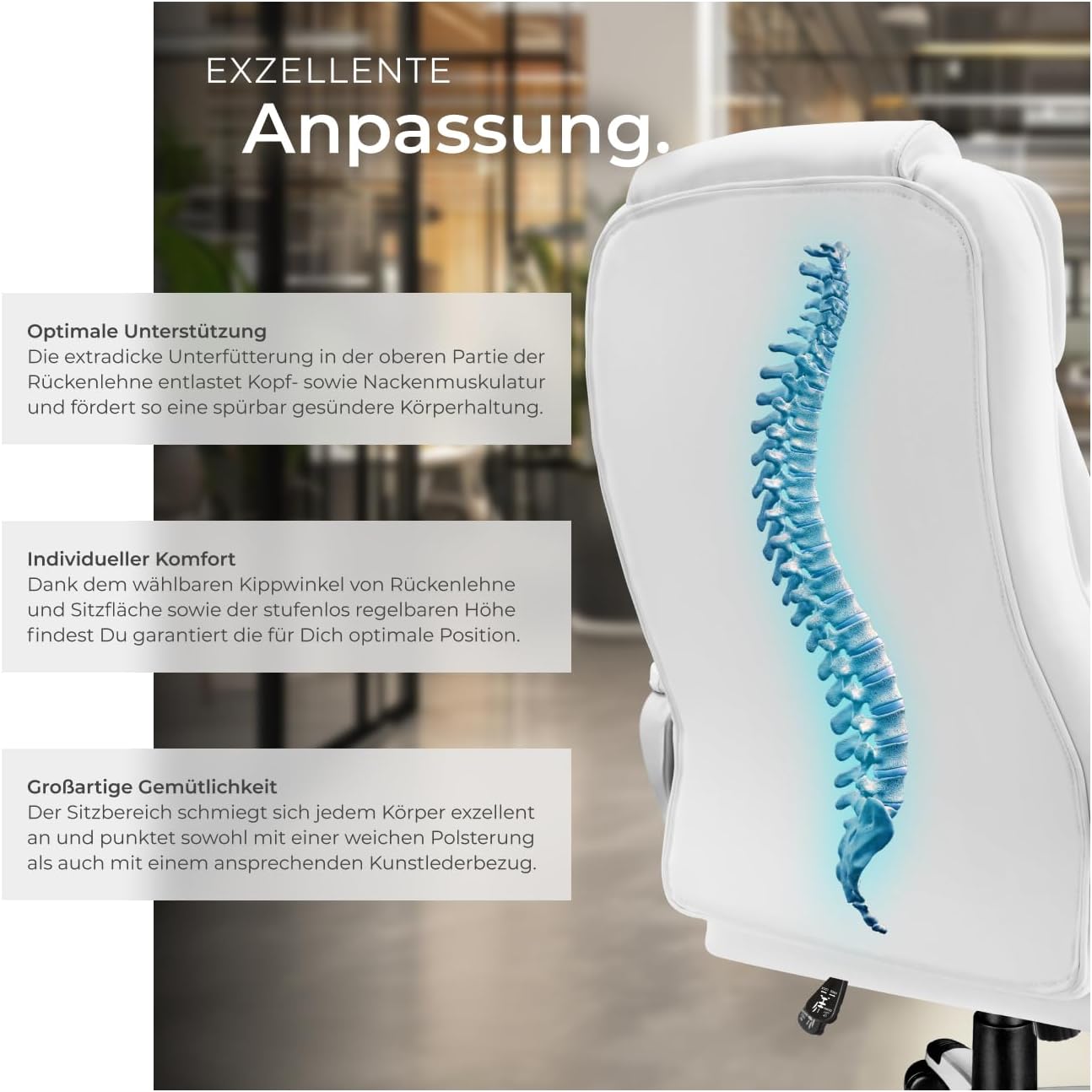 tectake Chefbürostuhl mit 12 cm Polsterung, Schreibtischstuhl mit Armlehnen und Wippfunktion, ergonomischer Bürostuhl höhenverstellbar, PC-Stuhl, Drehstuhl mit Rollen in Lederoptik – Weiß – Bild 5