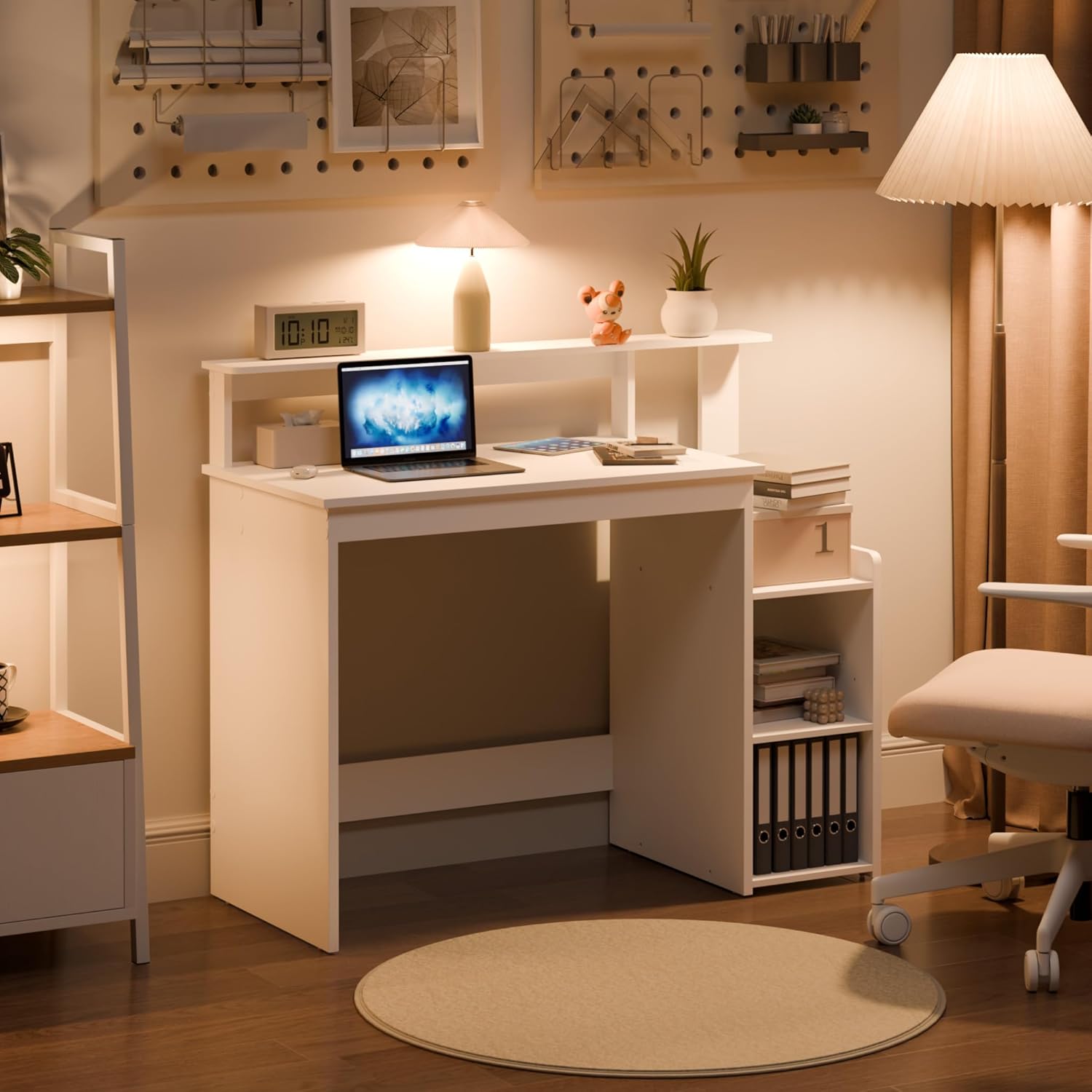 Mondeer Schreibtisch, Computertisch mit verstellbarer Ablage, kompakter Bürotisch mit Monitorständer, 110 x 48 x 93 cm, für Arbeitszimmer, Büro, Schlafzimmer, Weiß – Bild 8