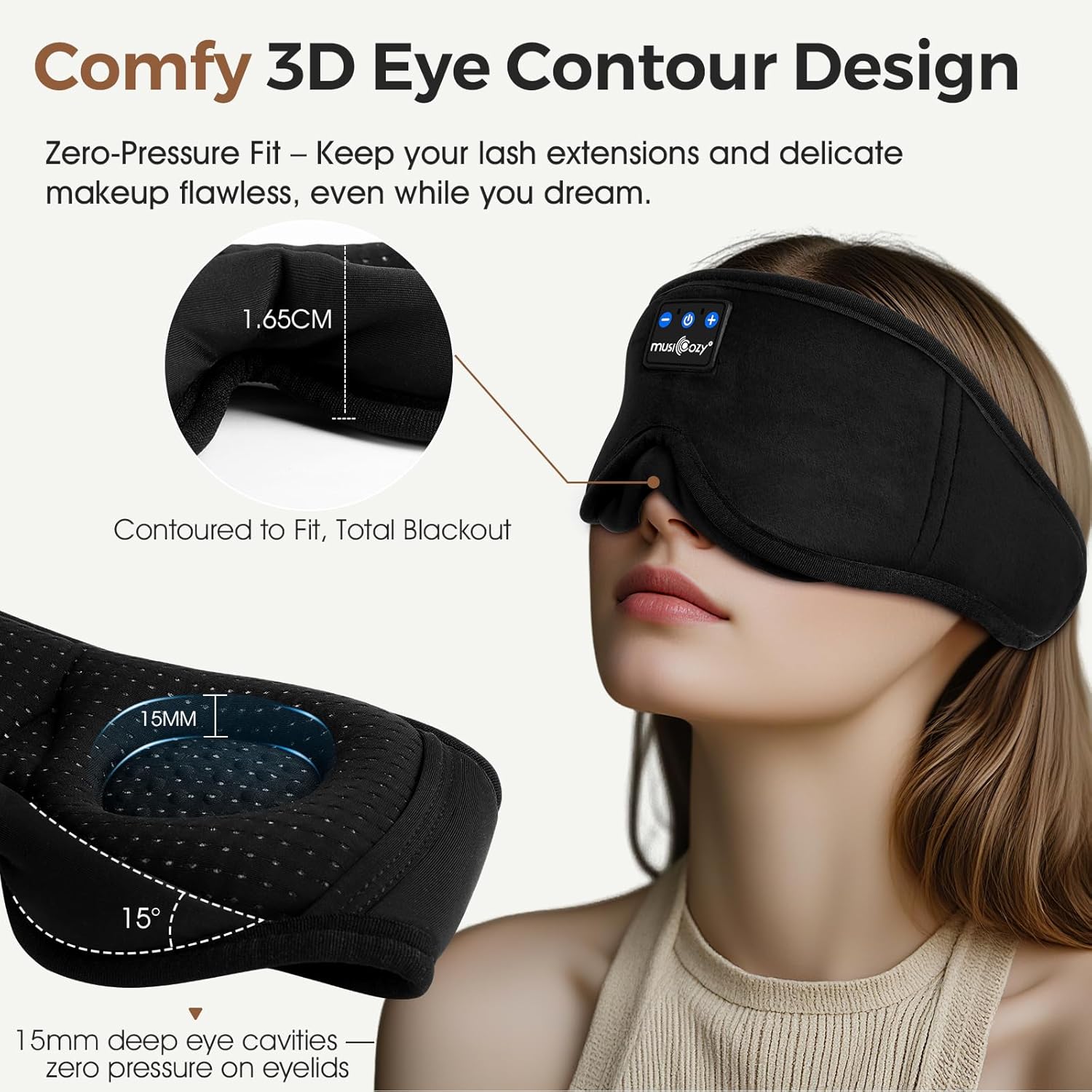 MUSICOZY Bluetooth-Schlafmaske mit Kopfhörer, bequeme 3D-Schlafmaske für Seitenschläfer, 100 % Verdunkelung und kein Druck auf die Augen, weich und atmungsaktiv, ideal zum Schlafen, Reisen, Flugzeug und Schlaflosigkeit, 14 – Bild 3