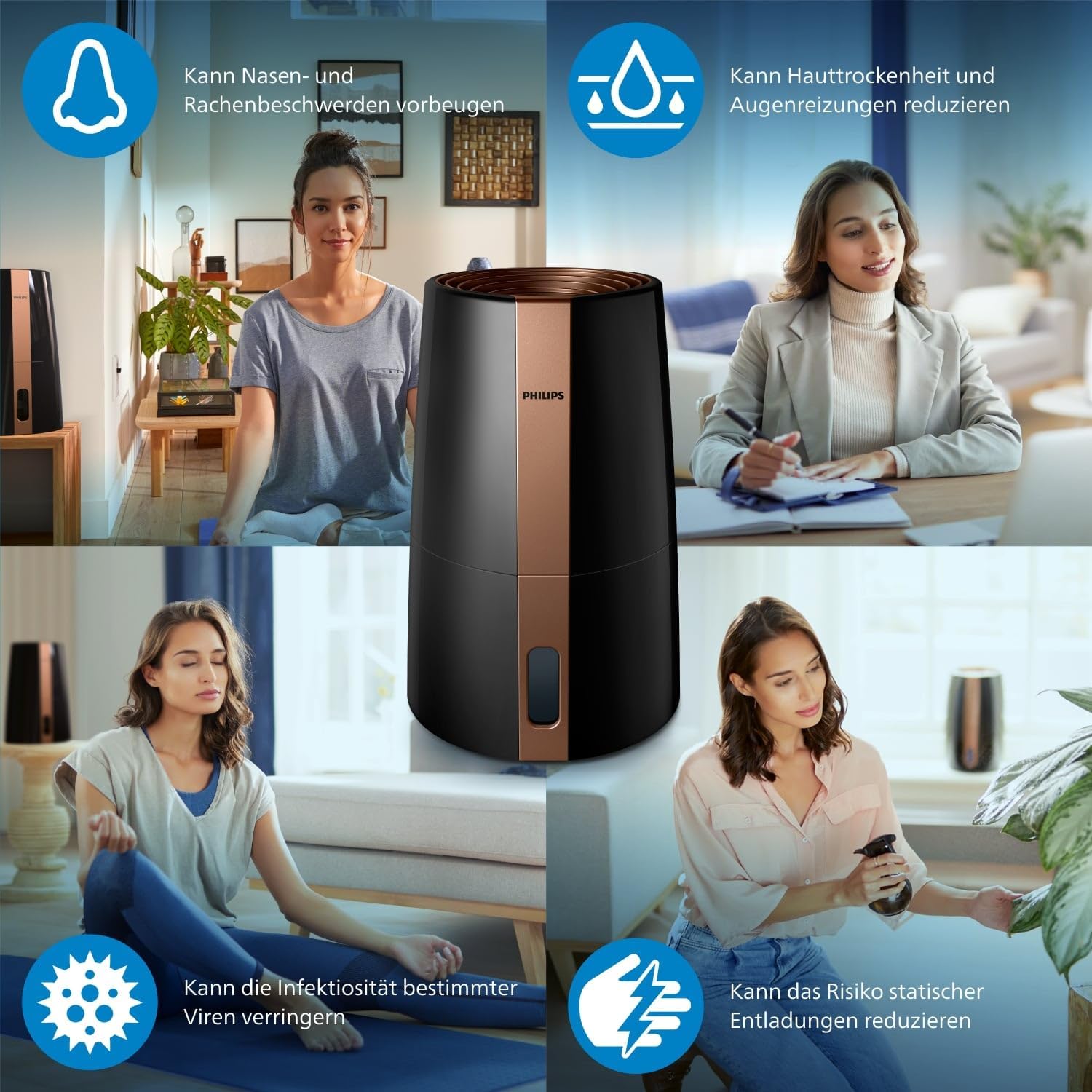 Philips 3000 Series HU3918/10 Luftbefeuchter, für bis zu 45 m², hygienische NanoCloud-Technologie, leiser Nachtmodus, Automatikmodus, 3 Liter Wassertank, schwarz – Bild 7