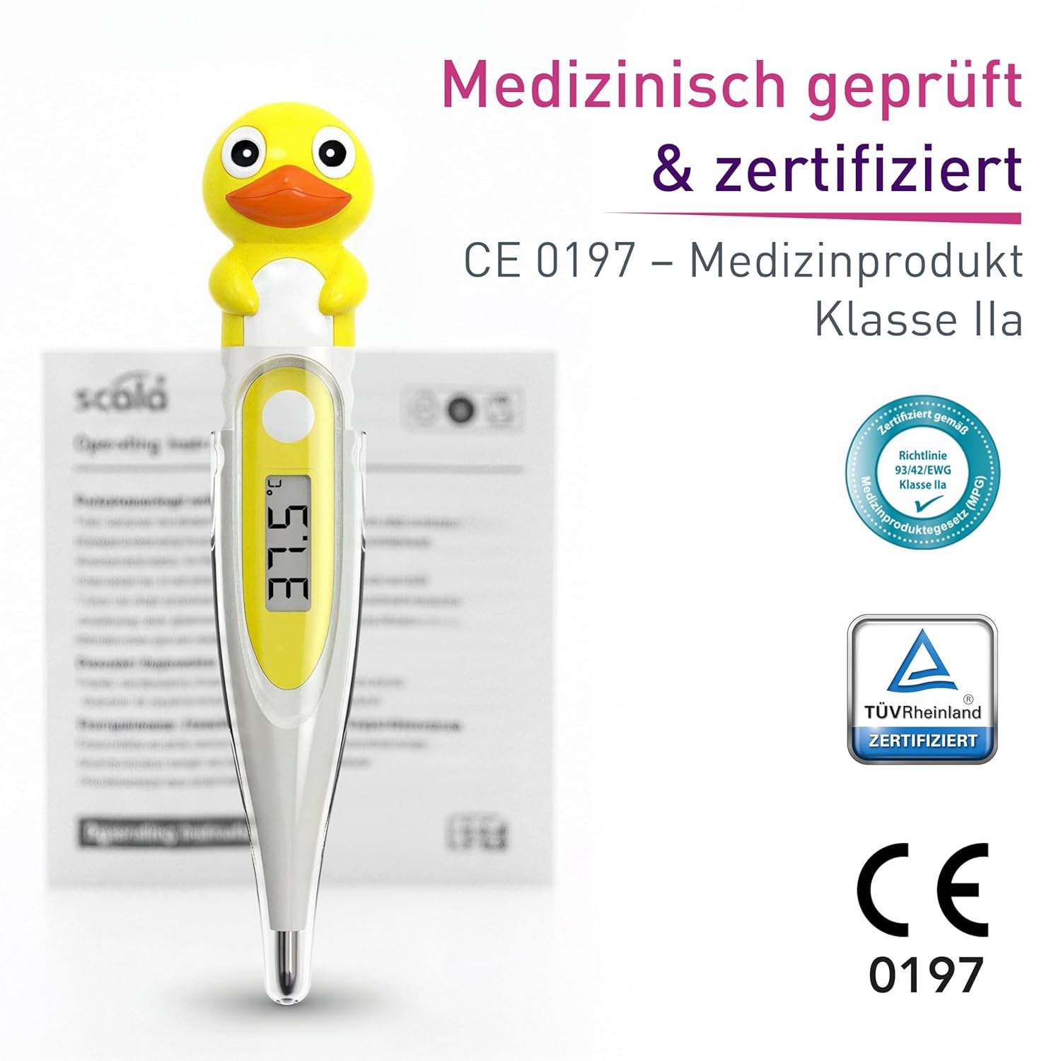 scala SC 44 flex Digitales Fieberthermometer Baby & Kinder – 10 Sekunden Messzeit, flexible Spitze, Fieberalarm, wasserdicht – oral, rektal & axillär – Entenmotiv – Bild 6
