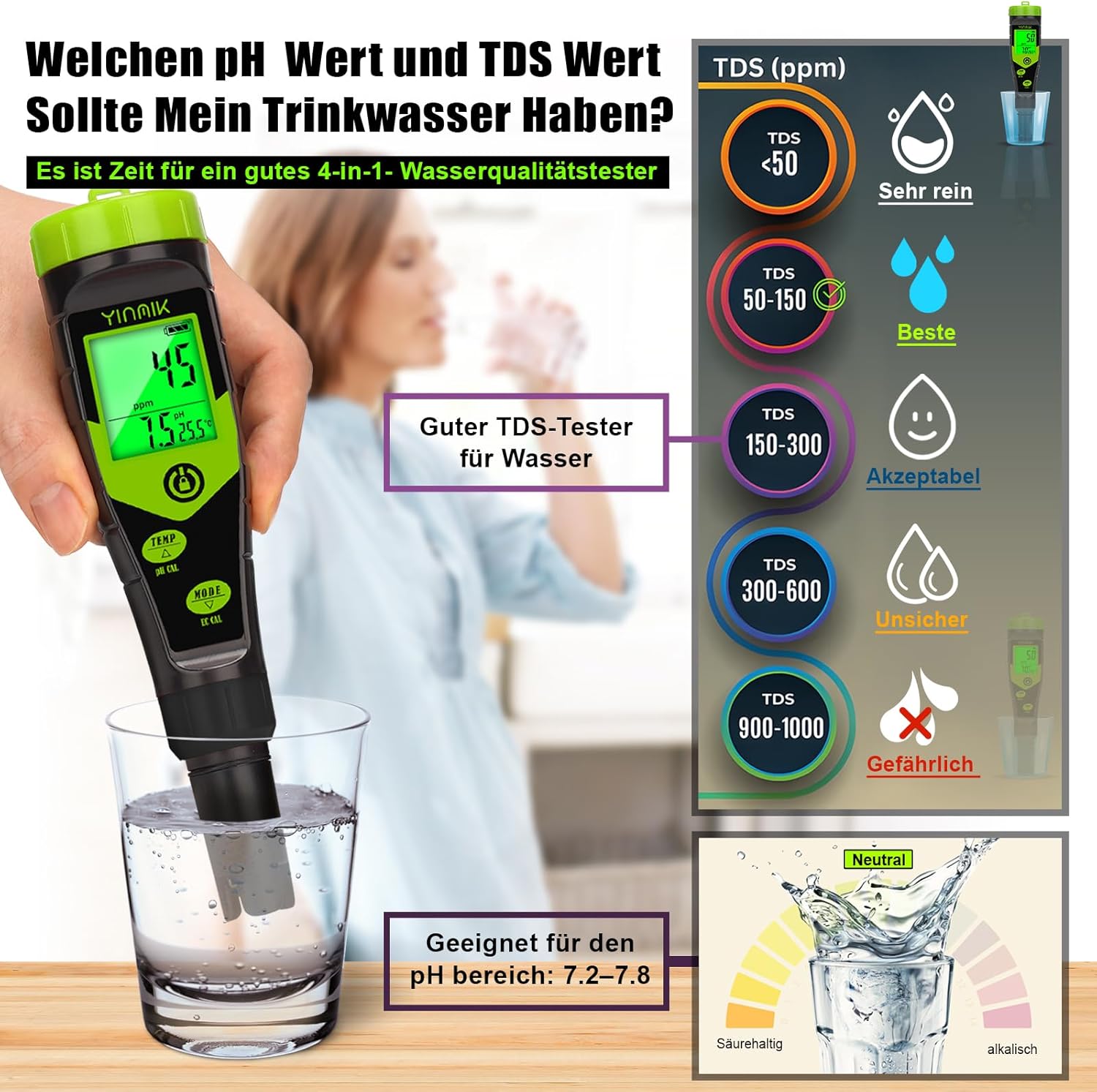 YINMIK pH-EC-Messgerät, Pool-pH-Tester, 4-in-1-Leitfähigkeitsmessgerät, PPM-Tester, gleichzeitige Messung von PH, EC, Temperatur und TDS für Wasser, Aquarium, Bierherstellung, Hydrokultur – Bild 4