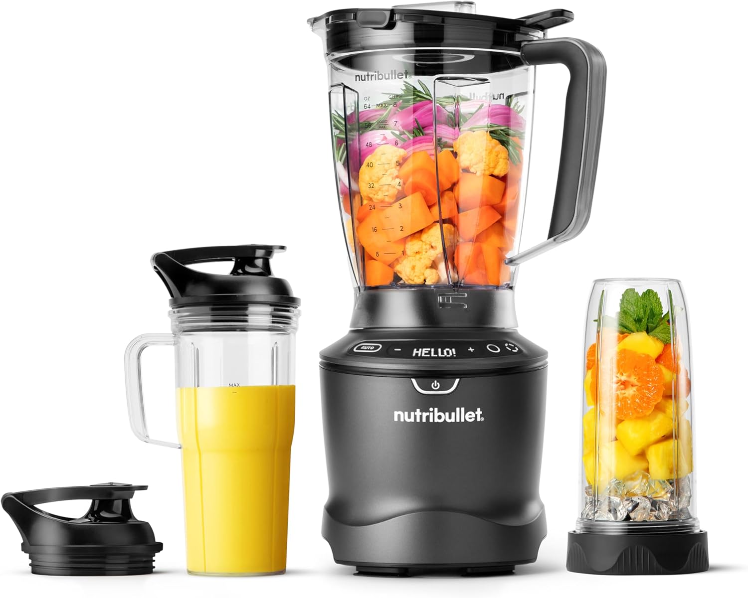 Nutribullet SmartSense Mixer Combo NBF550DG, Standmixer mit 5 Geschwindigkeiten und Pulsfunktion, 1,9 l Mixbehälter, 700 und 900 ml Becher mit Griff, automatischer Zyklus, To-Go-Deckel, 1500 W, Schwarz
