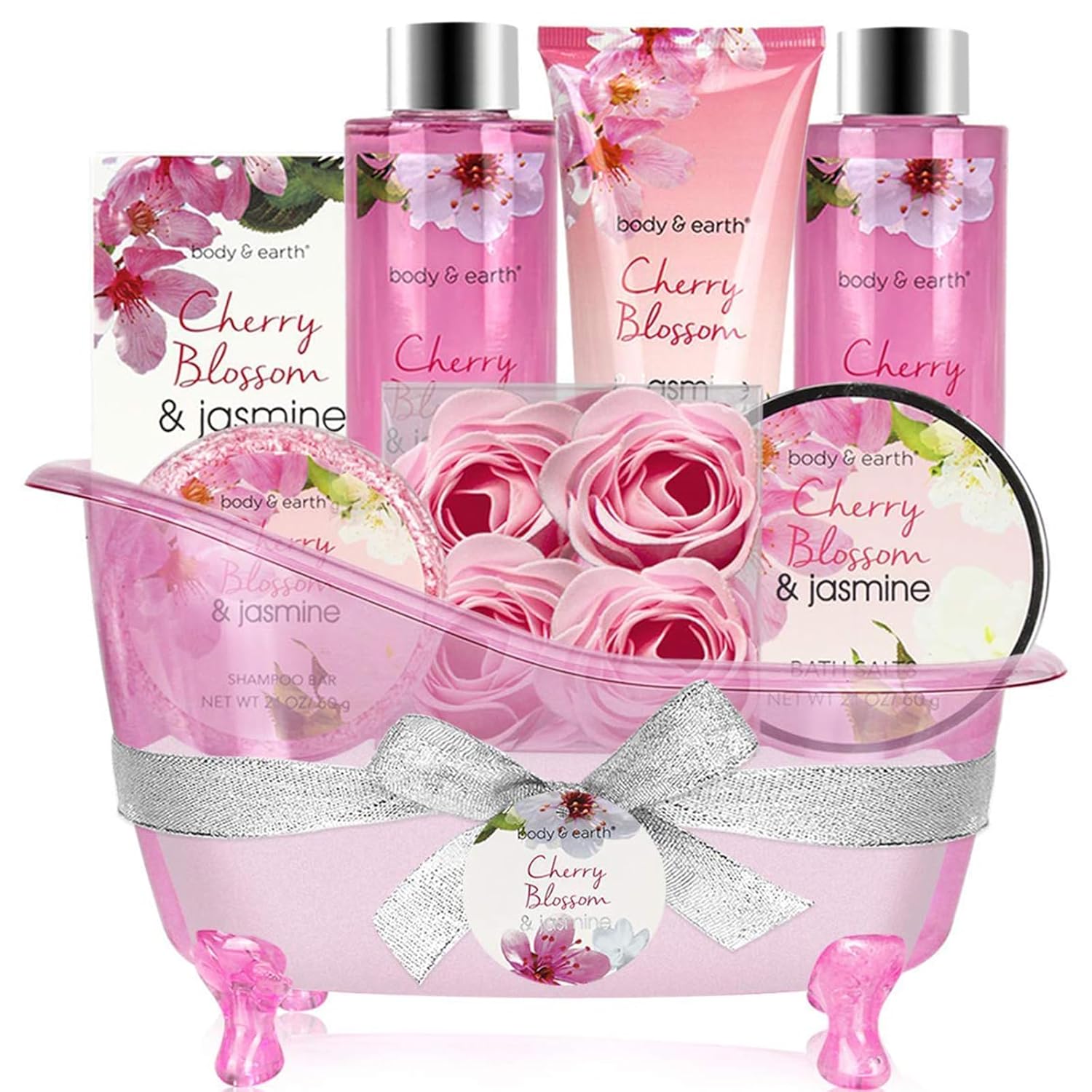 Body & Earth 8-teiliges Spa-Geschenkset für Frauen, Kirschblüten- und Jasminduft, Schaumbad, Duschgel, Badesalz, Körperlotion, Geburtstagsgeschenk, Geschenk für Frauen, Mama, Freundin, Weihnachten