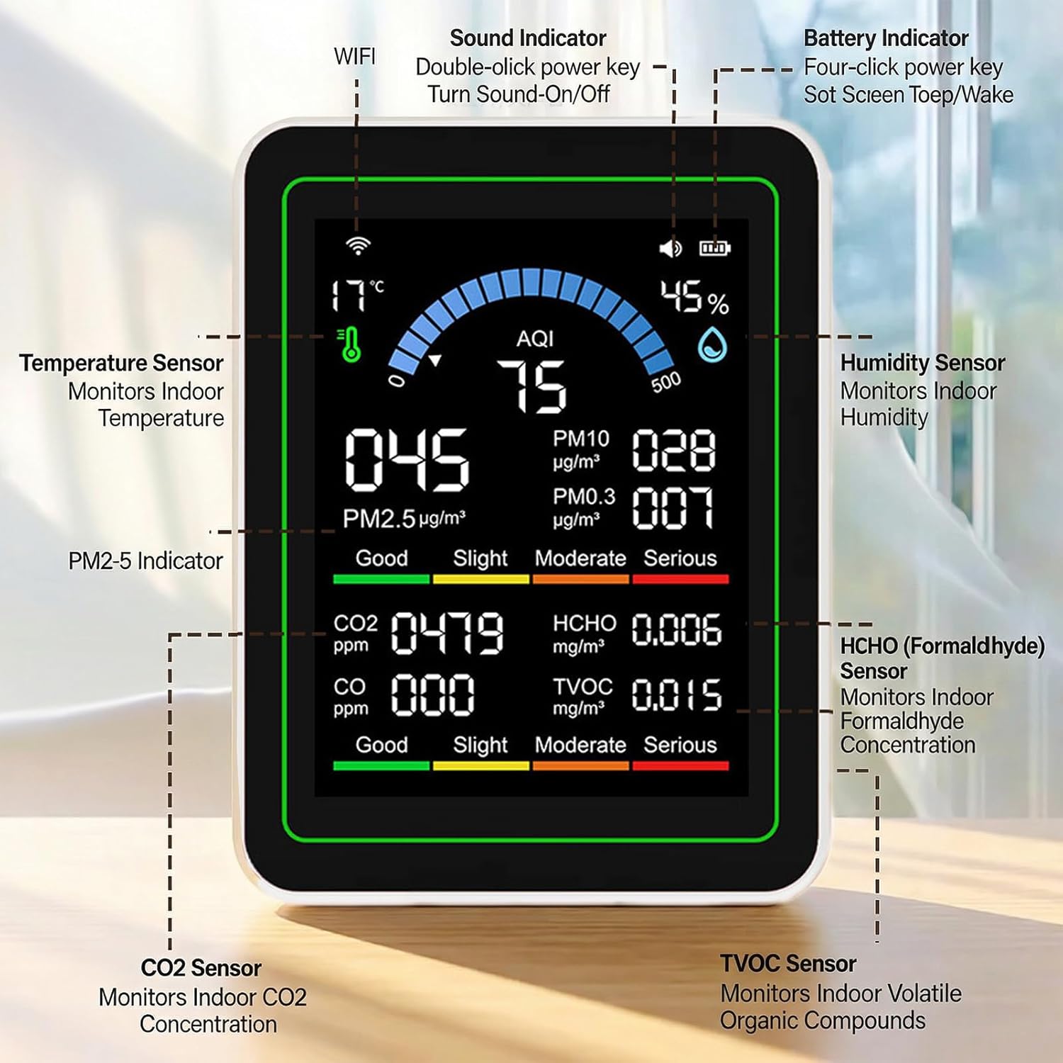 10-in-1 Luftqualitätsmonitor mit Farbdisplay und 4-Farben-Alarm,Messung von CO₂, PM1.0/PM2.5/PM10,HCHO,Temperatur & Luftfeuchtigkeit.Luftüberwachungsgerät mit Typ-C für Zuhause,Büro. (Weiß) – Bild 3