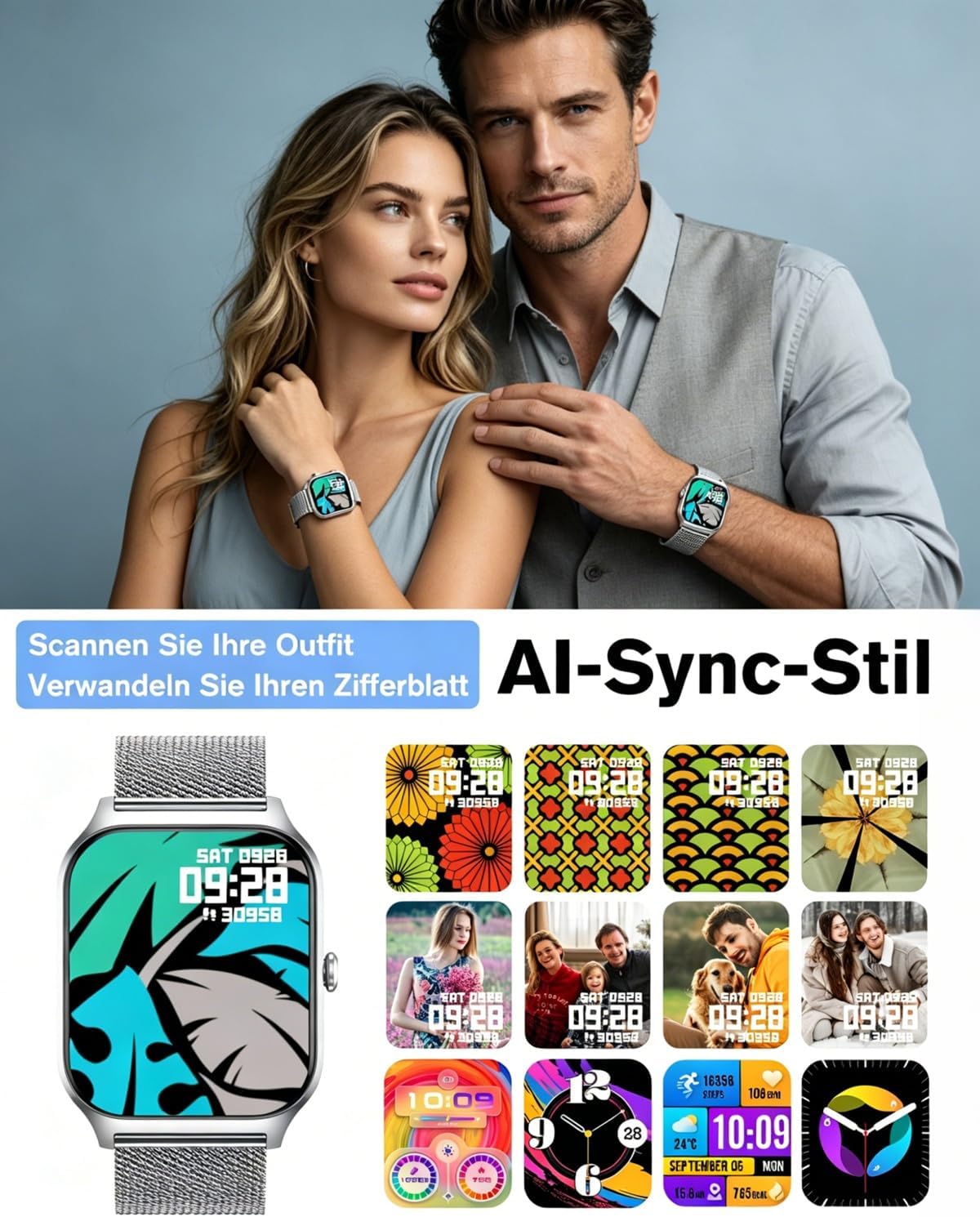 Popglory Smartwatch Herren Damen mit Blutdruckmessung, Bluetooth-Telefonie, AI Fitnessuhr Herzfrequenz, SpO2, Stress, Schlaf, 100+ Sportmodi Fitness Tracker, Schrittzähler, Geschenk für iPhone Android – Bild 5