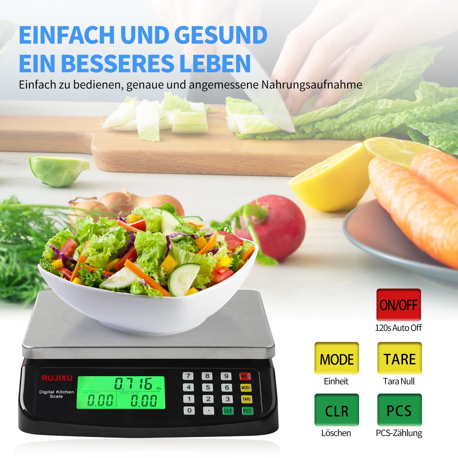 Digitale Küchenwaage, 30 kg, Edelstahl, digitale Waage mit LCD-Display und Tara-Funktion, digitale Präzisionswaage mit PCS-Zählwaage, 3-Einheiten-Umrechnung – Bild 3