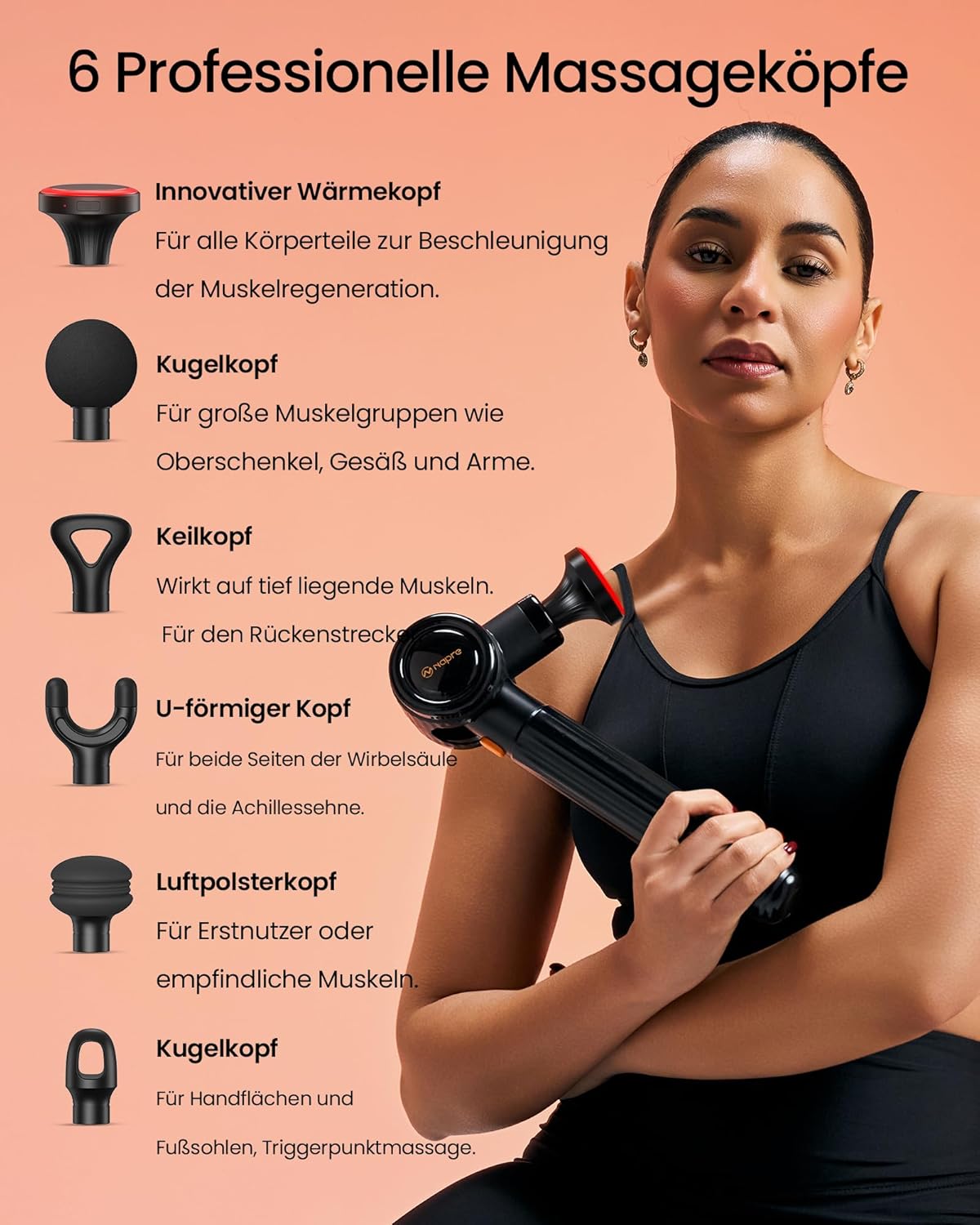 Massagepistole mit Wärmefunktion und Rotlichttherapie, Napre-Massagepistole mit Verlängerungsgriff und 3 verstellbaren Winkeln, Muskel-Percussion-Massagegerät zur Rücken-/Nackenentspannung – Bild 11