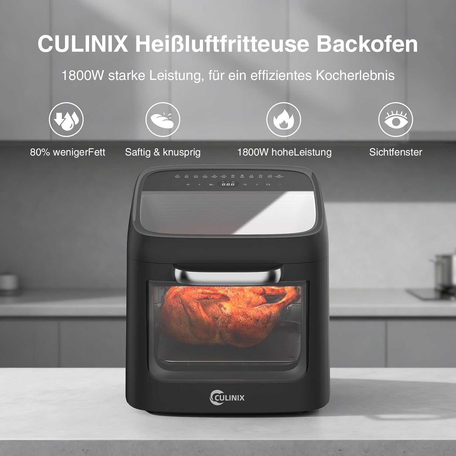 12L Heißluftfritteuse, 12-in-1-Heißluftfritteuse mit 8 Zubehörteilen, Backofen, Grill, Dörrgerät, 1800-W-Luftfritteuse ohne Öl mit 2 großen Sichtfenstern, 80-200 °C, Schwarz – Bild 3