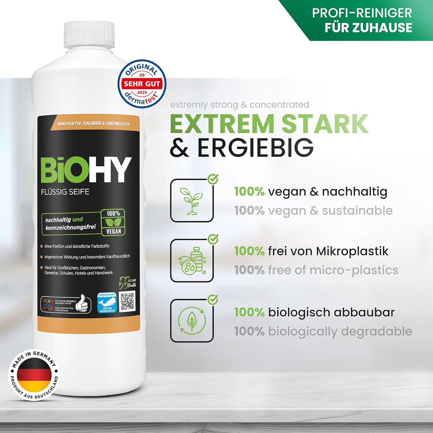 BiOHY Flüssigseife (3 x 1 Liter), hautfreundliche, rückfettende Handseife, phosphatfrei, geruchlos für Küche, Gastronomie und Sanitärbereiche, ohne Parfüm und Farbstoffe – Bild 2