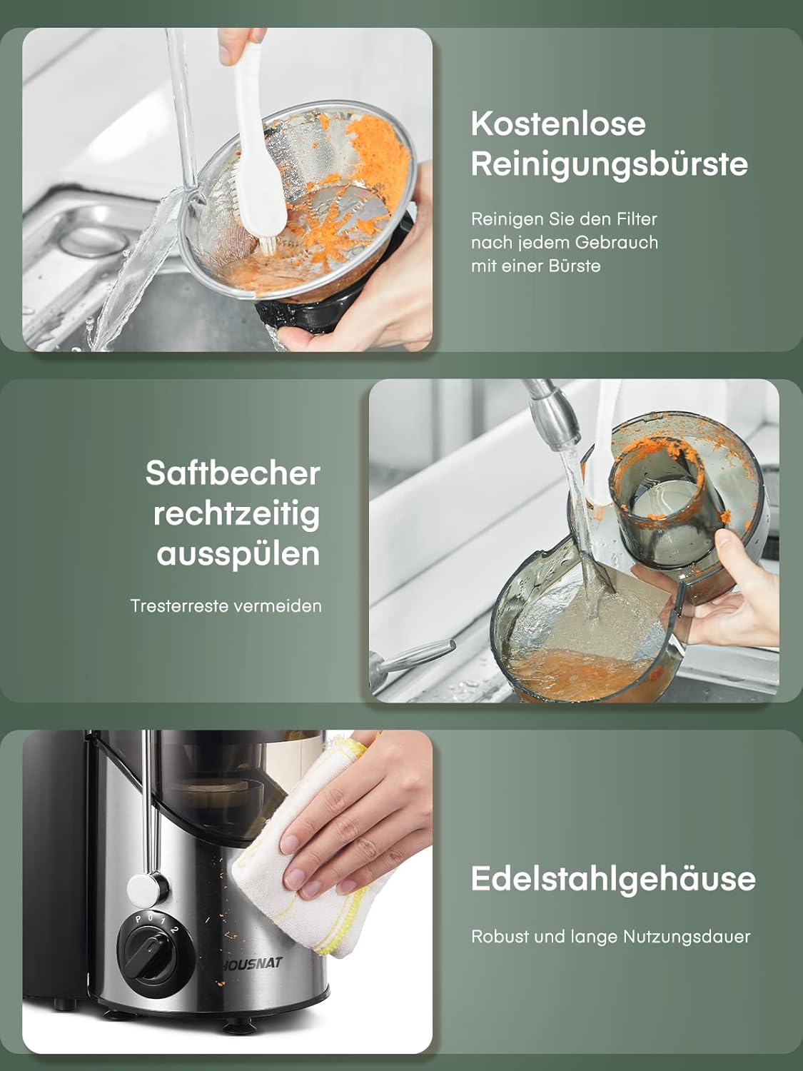 HOUSNAT Entsafter Gemüse und Obst, max. 800 W, Edelstahl-Entsafter-Maschine mit 3 Geschwindigkeitsstufen, 65 mm großer Mund-Einfüllschacht, Zentrifugal-Entsafter, leicht zu reinigen, BPA-frei, 400 W – Bild 6