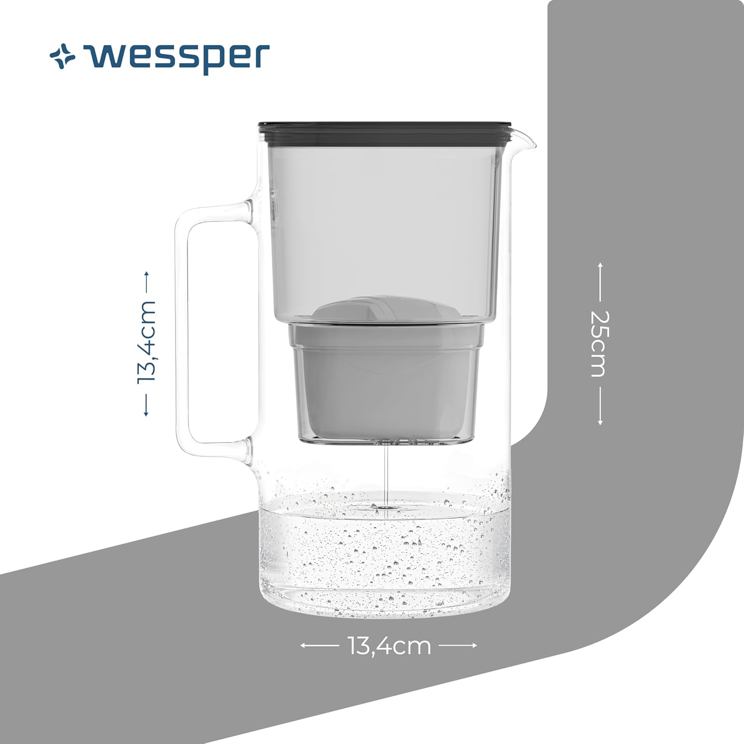 Wessper Wasserfilterkrug Glas 3 L, Set Wasserkrug und 2 Filterkartuschen, kompatibel mit Brita Maxtra, Wasserkaraffe für Trinkwasser mit Ersatzfilter, Schwarz – Bild 5