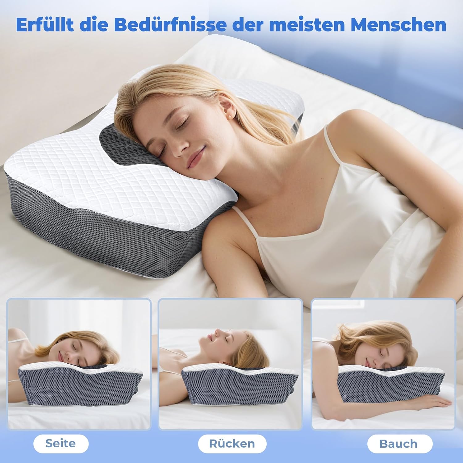 SAHEYER Ergonomisches Nackenkissen, 2-in-1 orthopädisches Kissen, Nackenstützkissen, Memory-Schaum für Seiten-, Rücken- und Bauchschläfer, 60 x 40 x 13/11 cm, Grau – Bild 5