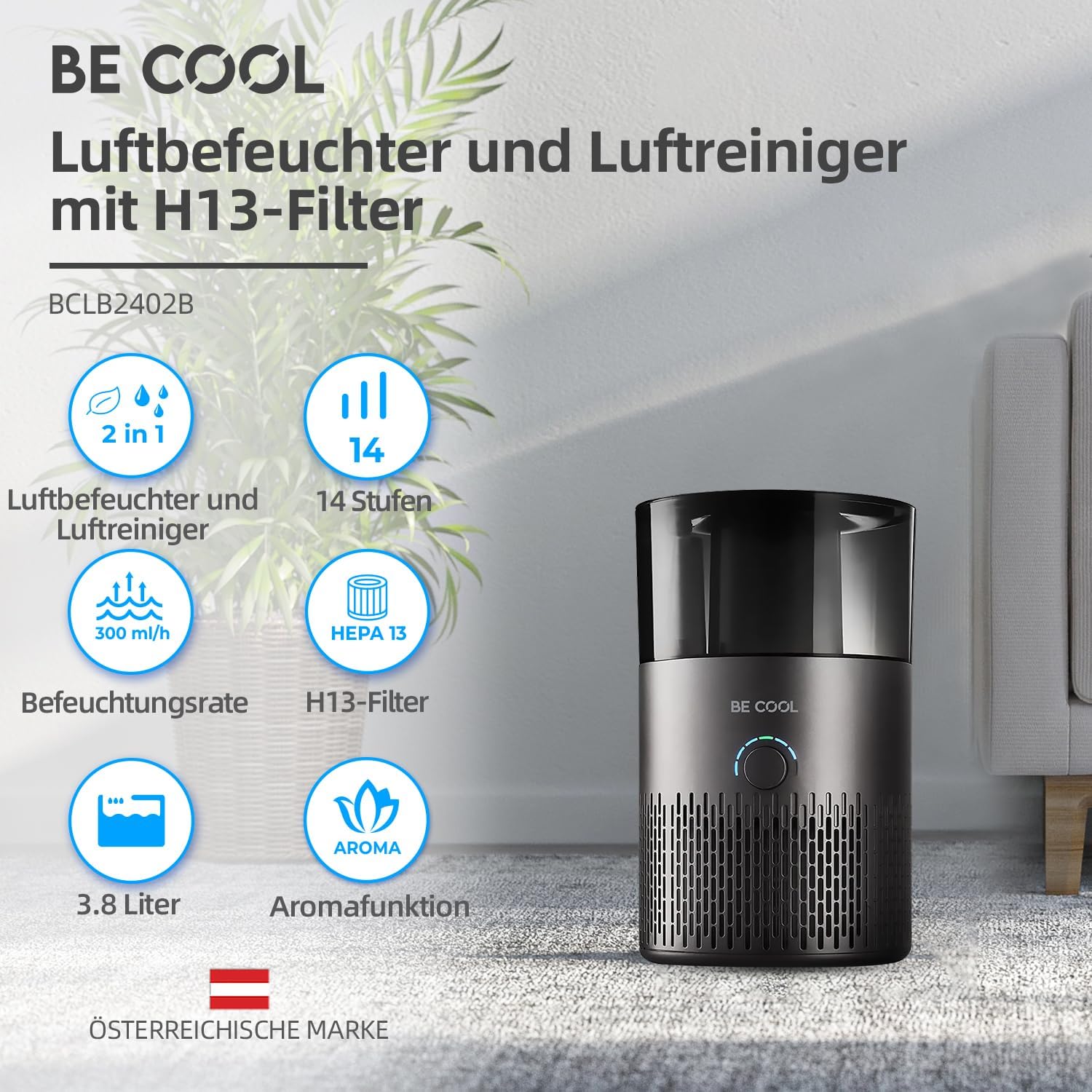 Be Cool Luftbefeuchter – 7 einstellbare Luftfeuchtigkeitsstufen / 360°-Drehung – 12 Stunden Betriebszeit, HEPA, gegen Pollen, leise – 3,8 l Tank/Schwarz – Bild 2