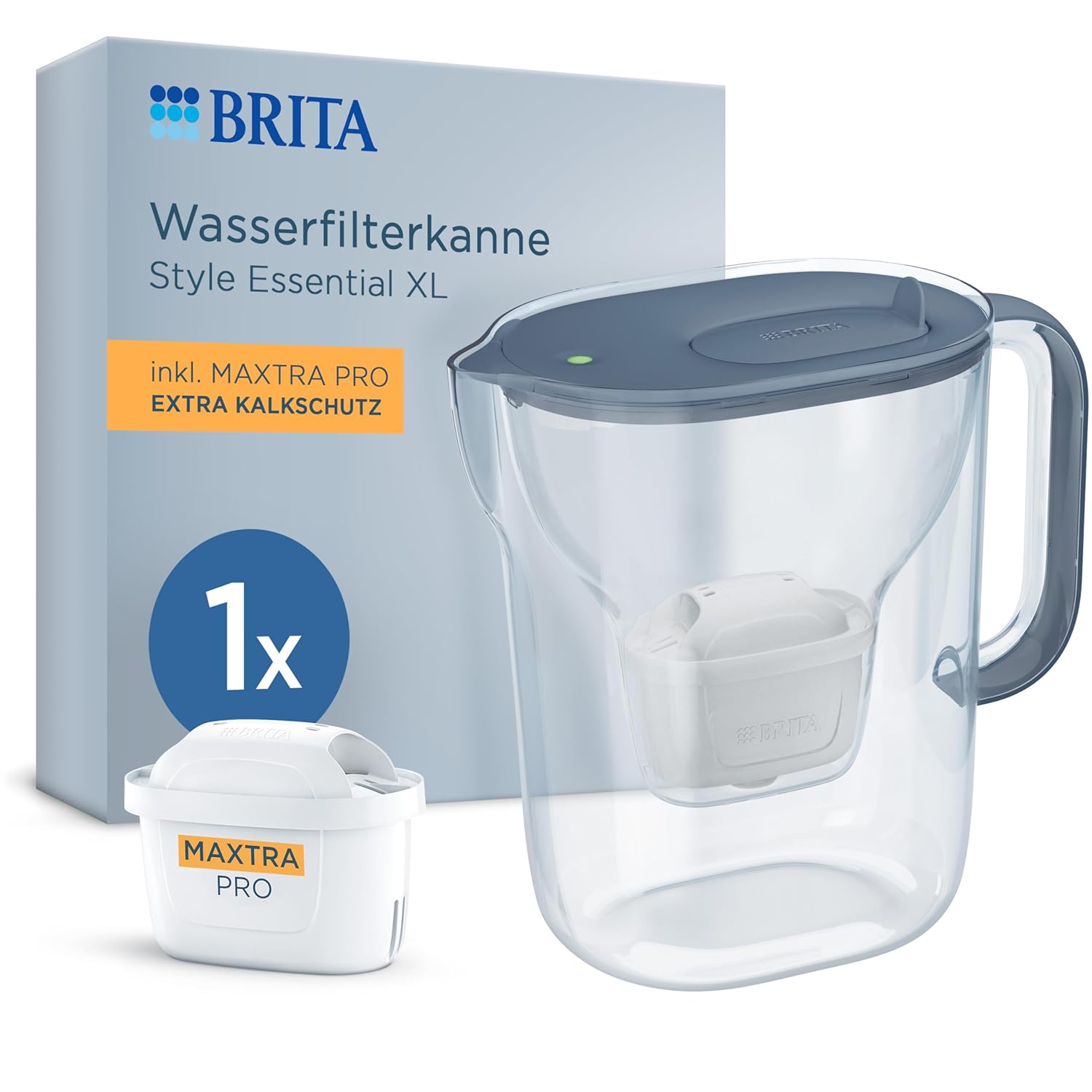 BRITA Style Essential XL Wasserfilterkanne Steinblau (3,6 l), inklusive 1x Maxtra Pro Extra Kalkschutz, große Filterkanne mit Smart Light LED & Klappdeckel, filtert Verunreinigungen & mehr
